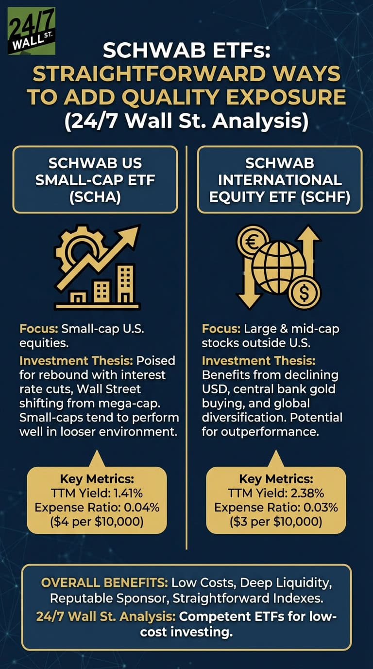 An infographic titled 'SCHWAB ETFs: STRAIGHTFORWARD WAYS TO ADD QUALITY EXPOSURE (24/7 Wall St. Analysis)' details two ETFs. On the left, the Schwab US Small-Cap ETF (SCHA) is shown with its focus on US small-cap equities, investment thesis regarding interest rate cuts and Wall Street shifts, and metrics of 1.41% TTM Yield and 0.04% expense ratio. On the right, the Schwab International Equity ETF (SCHF) is presented, focusing on large and mid-cap stocks outside the U.S., with a thesis centered on a declining USD, gold buying, and diversification, reporting 2.38% TTM Yield and 0.03% expense ratio. The bottom highlights overall benefits including low costs, deep liquidity, and a reputable sponsor.