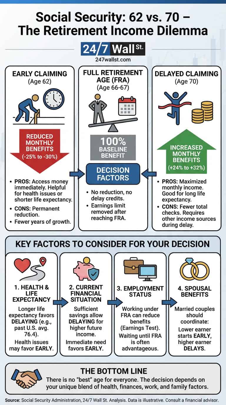 An infographic titled 'Social Security: 62 vs. 70 - The Retirement Income Dilemma' by 24/7 Wall St. It illustrates the reduced benefits for early claiming (age 62), 100% baseline for full retirement age (66-67), and increased benefits for delayed claiming (age 70), alongside key factors to consider like health, finances, employment, and spousal benefits.