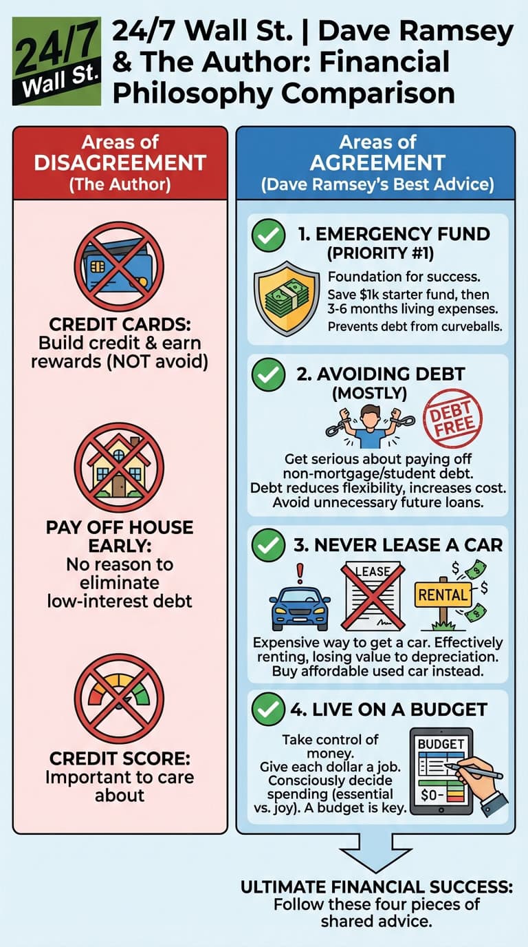 An infographic titled '24/7 Wall St. | Dave Ramsey &amp; The Author: Financial Philosophy Comparison.' It is divided into two main columns: 'Areas of Disagreement (The Author)' in red, covering credit cards, paying off a house early, and credit score, each with a 'no' icon. The 'Areas of Agreement (Dave Ramsey's Best Advice)' in blue, lists emergency fund, avoiding debt, never leasing a car, and living on a budget, each with a green checkmark and corresponding icon.