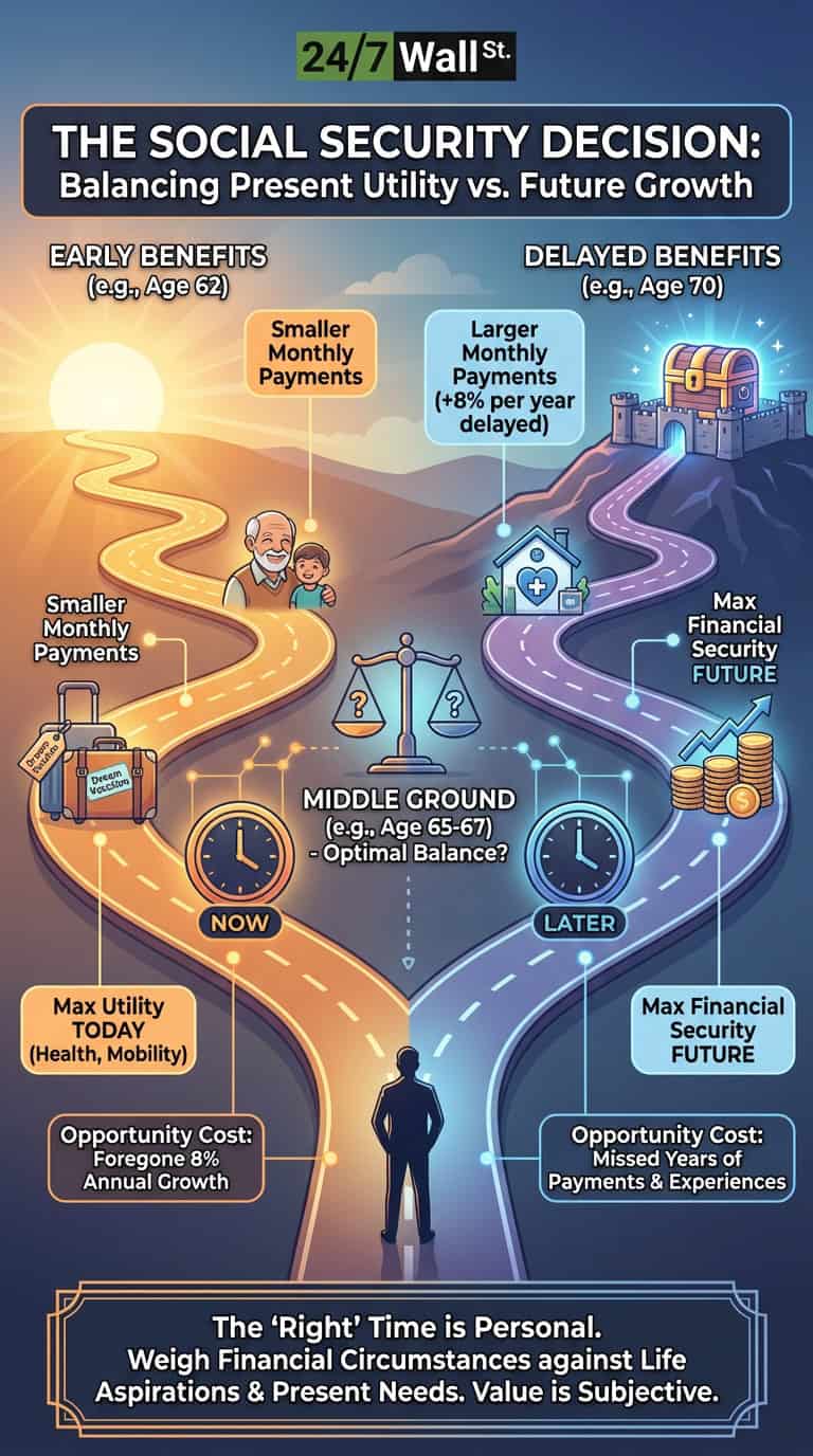 An infographic titled 'The Social Security Decision' by 24/7 Wall St. shows a person at a fork in a road, illustrating the choice between taking Social Security benefits early (e.g., Age 62, for immediate utility, smaller payments) or delaying them (e.g., Age 70, for larger payments, greater financial security). It highlights the opportunity costs of each path and notes that the 'right' time is personal.