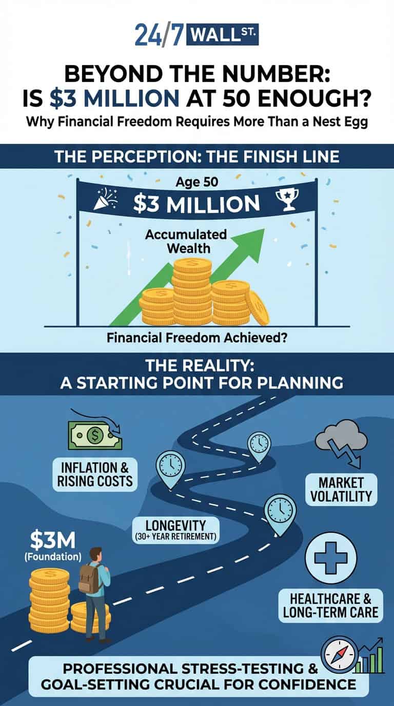 An infographic titled 'Is $3 Million at 50 Enough?' comparing the perception of reaching $3 million as financial freedom with the reality that ongoing challenges like inflation, market volatility, and healthcare costs require continuous planning. It shows a person beginning a road with $3 million as a foundation, navigating these financial obstacles towards long-term confidence.