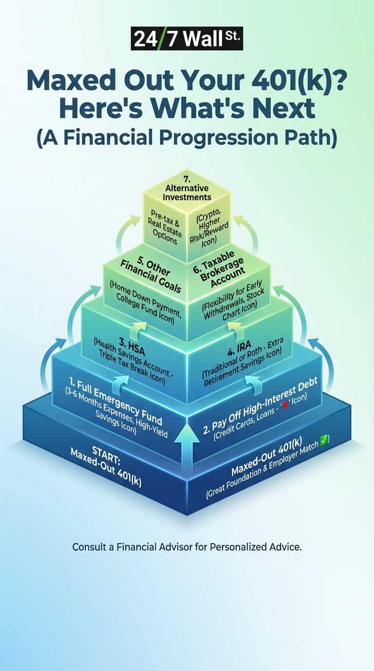 An infographic by 24/7 Wall St. titled 'Maxed Out Your 401(k)? Here's What's Next (A Financial Progression Path)'. It displays a seven-step financial planning pyramid, starting with a maxed-out 401(k) at the base and progressing upwards through an emergency fund, paying off high-interest debt, HSA, IRA, other financial goals, taxable brokerage accounts, and alternative investments.