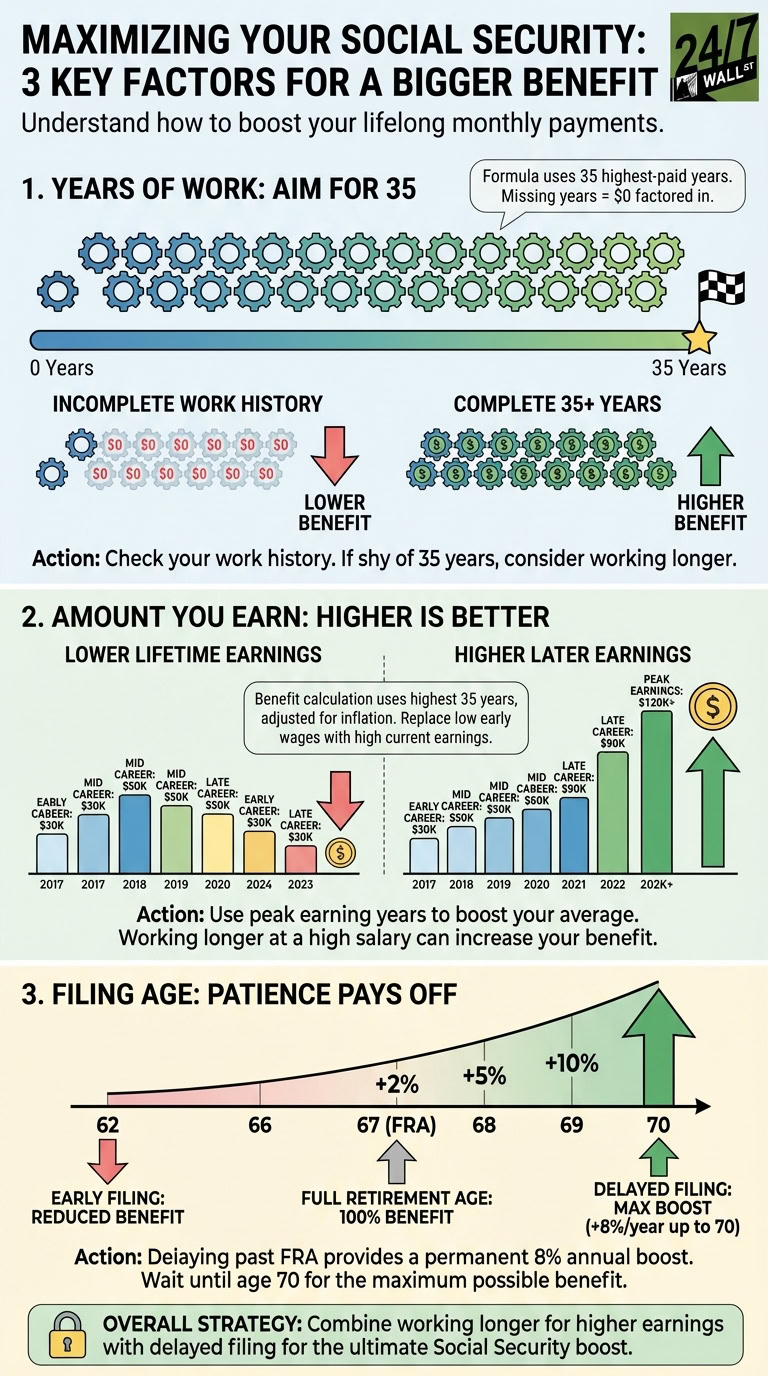 An infographic titled 'Maximizing Your Social Security: 3 Key Factors for a Bigger Benefit' by 24/7 Wall St. It uses gears, bar charts, and a timeline to visually explain that working 35+ years, earning higher wages, and delaying filing until age 70 lead to higher Social Security benefits.