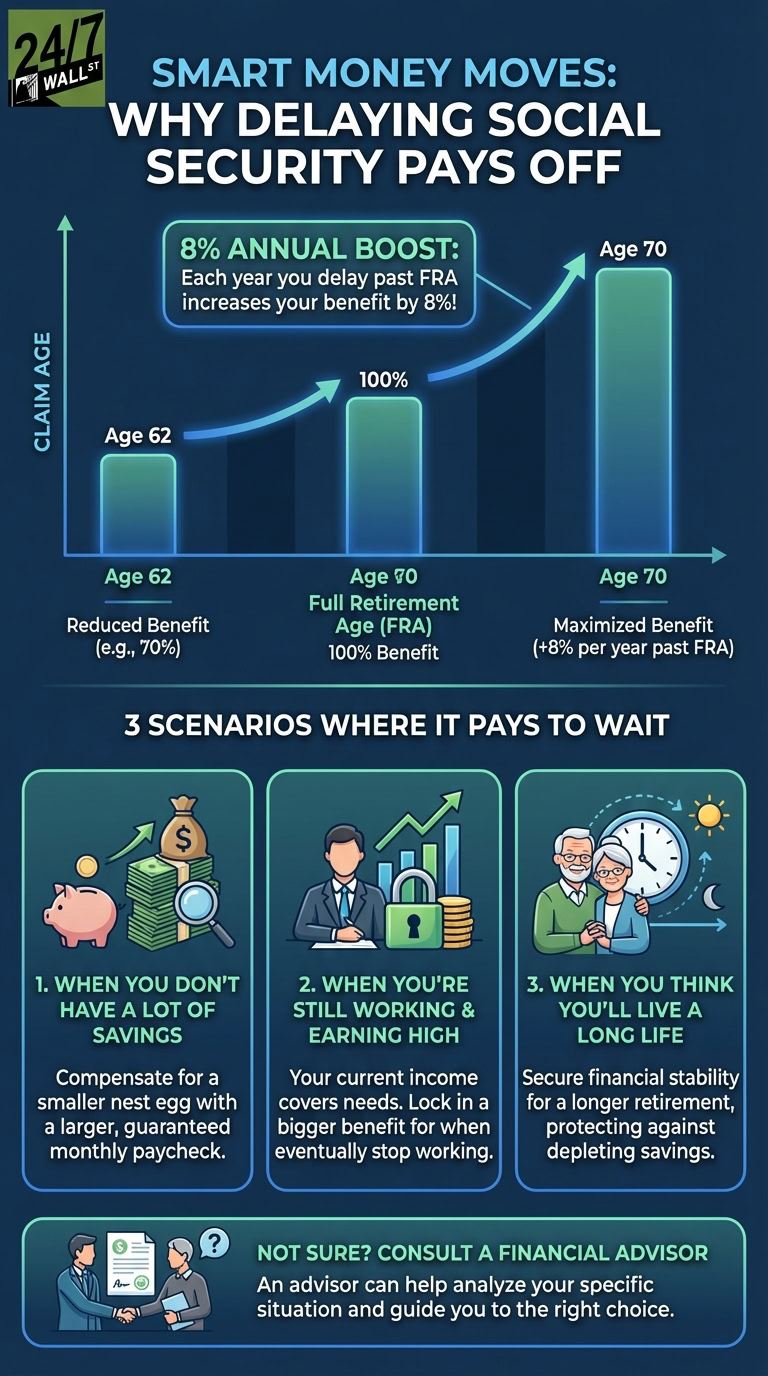 An infographic from 24/7 Wall St. titled 'Smart Money Moves: Why Delaying Social Security Pays Off'. It shows a bar graph depicting Social Security claim amounts: a reduced benefit at Age 62, 100% at Full Retirement Age, and a maximized benefit at Age 70, citing an 8% annual boost for delaying past FRA. Below, three scenarios are illustrated where delaying pays off: having low savings, still working and earning high, and anticipating a long life, concluding with advice to consult a financial advisor.