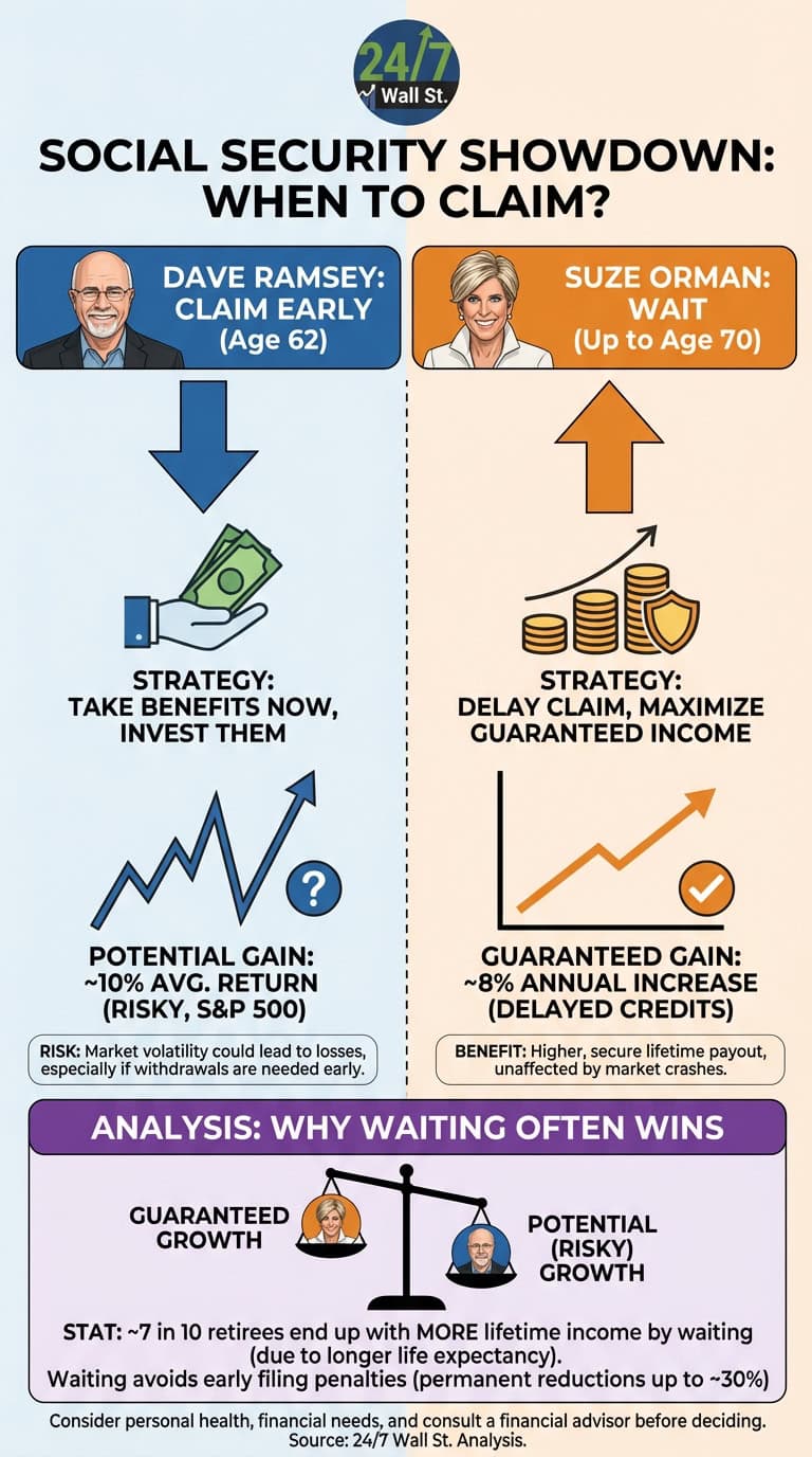 An infographic titled 'Social Security Showdown: When to Claim?' from 24/7 Wall St., featuring Dave Ramsey advocating for claiming early at age 62 and investing, versus Suze Orman advising to wait until up to age 70 for maximized guaranteed income. The image's analysis section indicates that waiting often leads to greater lifetime income due to guaranteed growth.