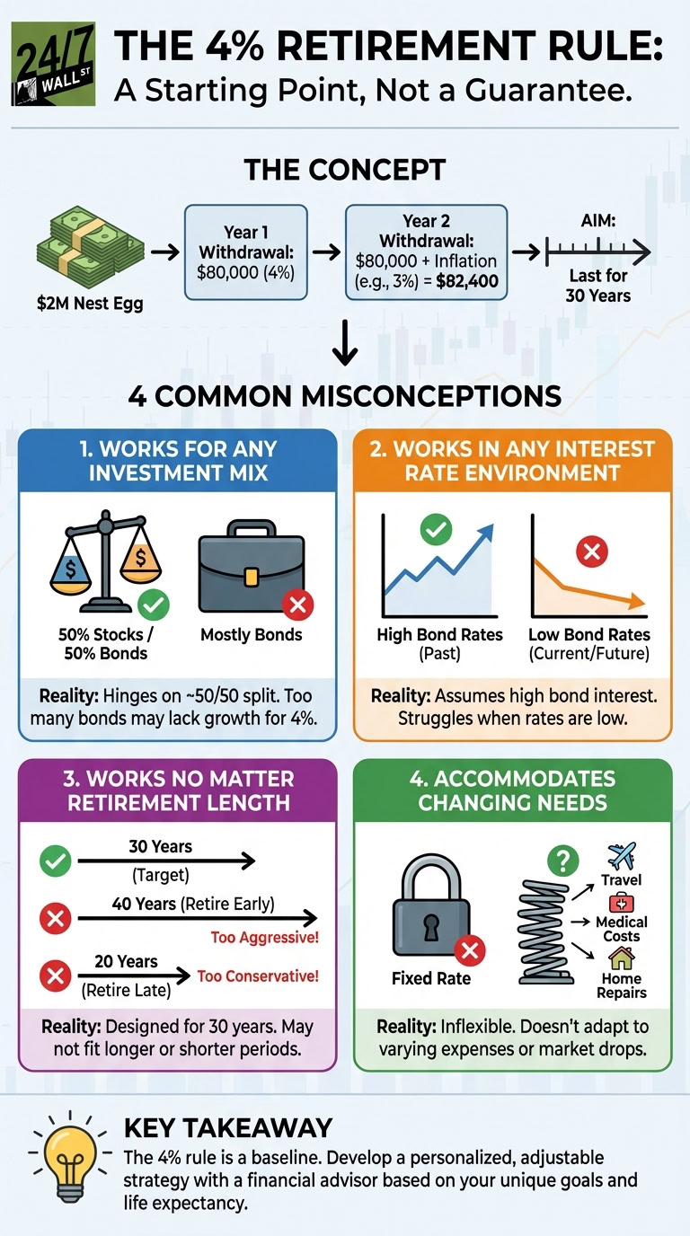 An infographic from 24/7 Wall St. titled 'The 4% Retirement Rule: A Starting Point, Not a Guarantee'. It visually explains the rule's concept using a $2M nest egg and annual withdrawals, then details four misconceptions about investment mix, interest rates, retirement length, and adaptability, concluding that the rule is a baseline requiring personalization.