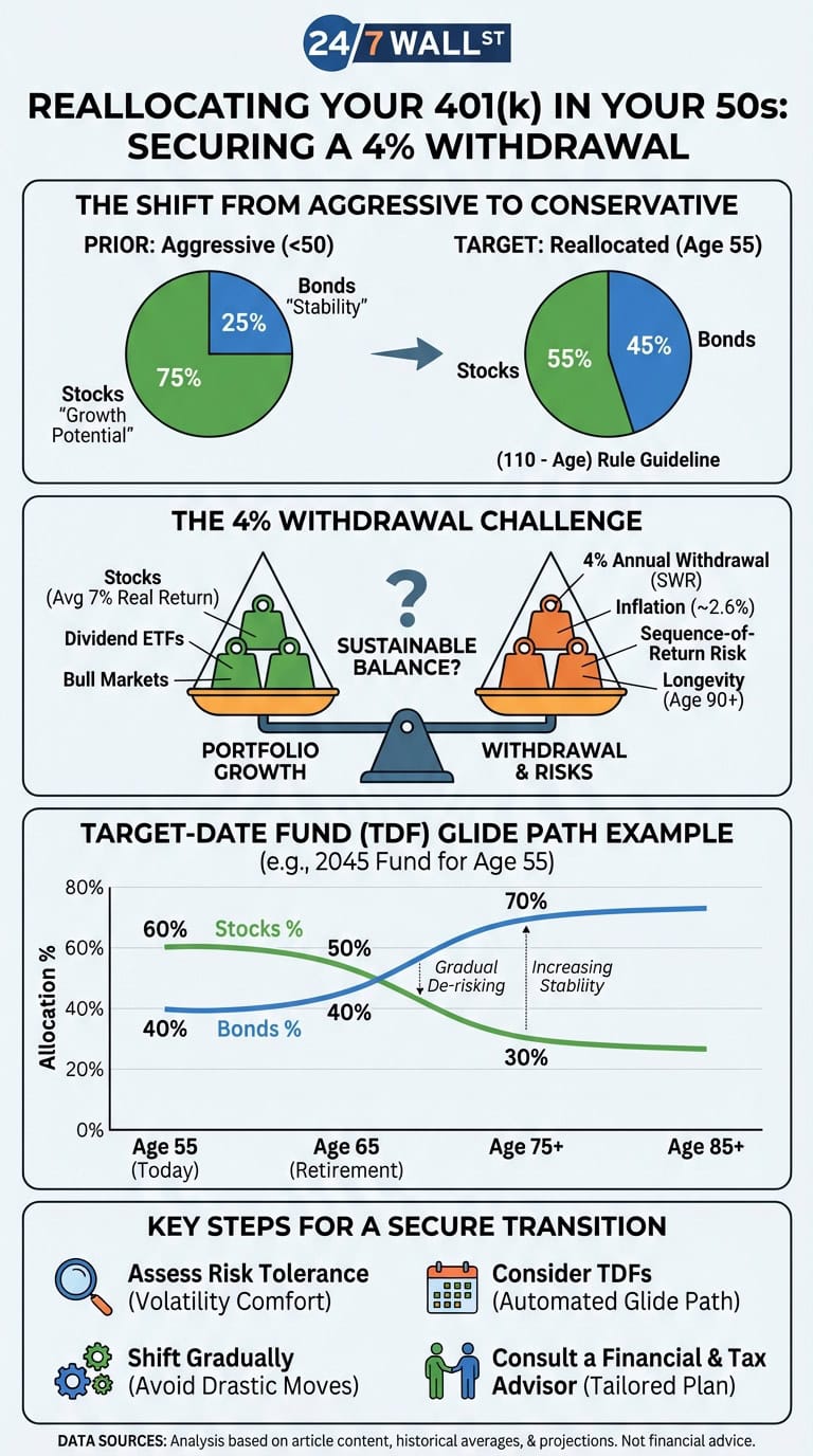An infographic from 24/7 Wall St. guiding investors on reallocating their 401(k) in their 50s. It features pie charts showing asset allocation changes, a visual scale balancing portfolio growth against withdrawal risks, a graph illustrating a Target-Date Fund glide path, and a list of key steps for a secure financial transition.