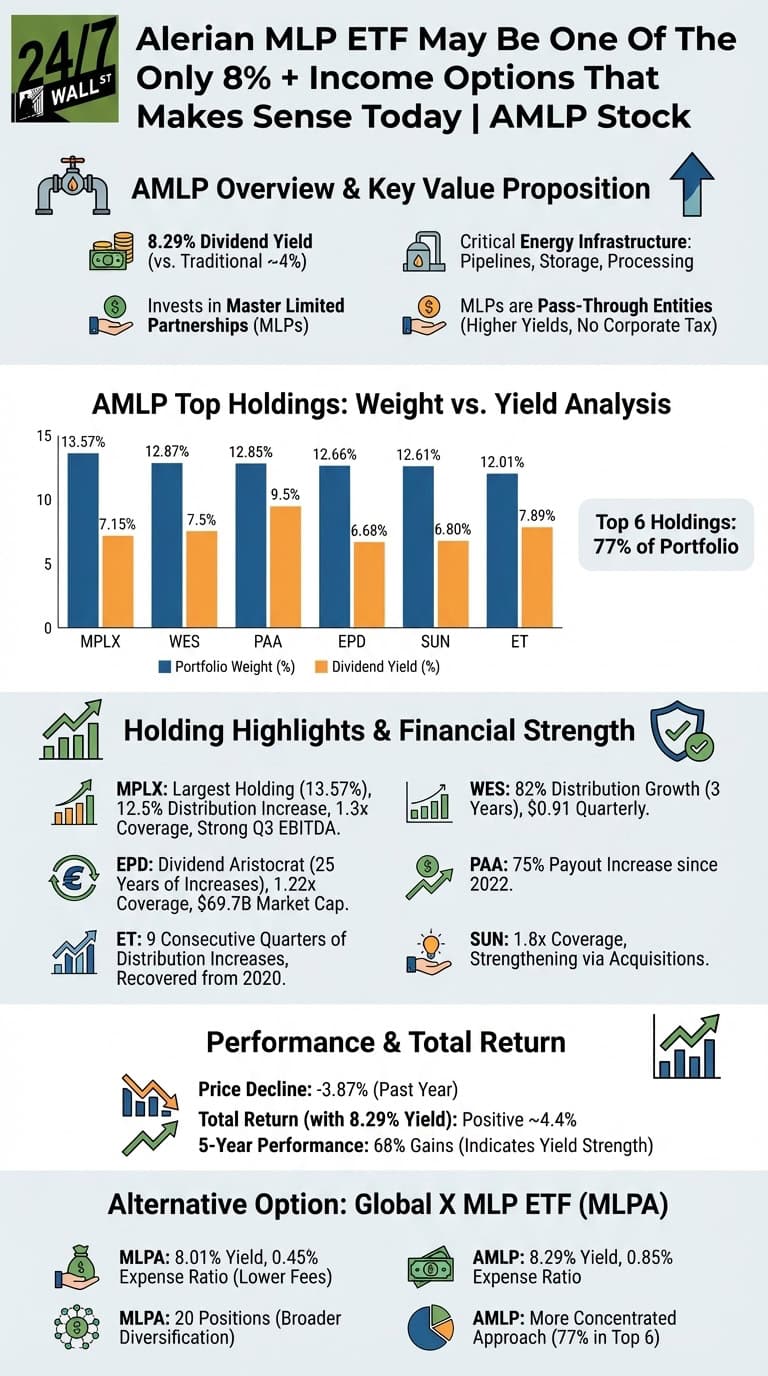 An infographic titled 'Alerian MLP ETF May Be One Of The Only 8% + Income Options That Makes Sense Today | AMLP Stock' is presented on a light blue background with green and blue accents. The infographic is divided into several sections. The top section, 'AMLP Overview &amp; Key Value Proposition,' states AMLP's 8.29% dividend yield, its investment in Master Limited Partnerships (MLPs) operating critical energy infrastructure like pipelines, storage, and processing, and notes MLPs are pass-through entities resulting in higher yields and no corporate tax. The next section, 'AMLP Top Holdings: Weight vs. Yield Analysis,' features a bar chart showing the top six holdings: MPLX, WES, PAA, EPD, SUN, and ET. For each holding, two bars represent its Portfolio Weight (blue) and Dividend Yield (orange). MPLX has a 13.57% weight and 7.15% yield; WES 12.87% weight and 7.5% yield; PAA 12.85% weight and 9.5% yield; EPD 12.66% weight and 6.68% yield; SUN 12.61% weight and 6.80% yield; and ET 12.01% weight and 7.89% yield. A callout states 'Top 6 Holdings: 77% of Portfolio'. The 'Holding Highlights &amp; Financial Strength' section provides bullet points: MPLX (Largest Holding 13.57%, 12.5% Distribution Increase), WES (82% Distribution Growth), EPD (Dividend Aristocrat, 1.22x Coverage), PAA (75% Payout Increase since 2022), ET (9 Consecutive Quarters of Distribution Increases), and SUN (1.8x Coverage). The 'Performance &amp; Total Return' section notes a Price Decline of -3.87% (Past Year), Total Return (with 8.29% Yield) of Positive ~4.4%, and 5-Year Performance of 68% Gains. The final section, 'Alternative Option: Global X MLP ETF (MLPA),' compares MLPA and AMLP. MLPA has an 8.01% yield, 0.45% expense ratio, and 20 positions for broader diversification. AMLP has an 8.29% yield, 0.85% expense ratio, and a more concentrated approach (77% in Top 6).