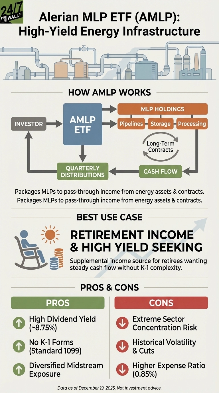 An infographic titled 'Alerian MLP ETF (AMLP): High-Yield Energy Infrastructure'. It features an illustration of an industrial energy plant. A flowchart labeled 'How AMLP Works' shows an investor, AMLP ETF, MLP Holdings (Pipelines, Storage, Processing), Long-Term Contracts, Cash Flow, and Quarterly Distributions. The 'Best Use Case' section depicts a person in a rocking chair with stacked coins and a sun, indicating 'Retirement Income &amp; High Yield Seeking' for steady cash flow without K-1 complexity. The 'Pros &amp; Cons' section lists three pros in green boxes with upward arrows: High Dividend Yield (~8.75%), No K-1 Forms (Standard 1099), and Diversified Midstream Exposure. Three cons are listed in red boxes with downward arrows: Extreme Sector Concentration Risk, Historical Volatility &amp; Cuts, and Higher Expense Ratio (0.85%). The data is noted as of December 19, 2025.