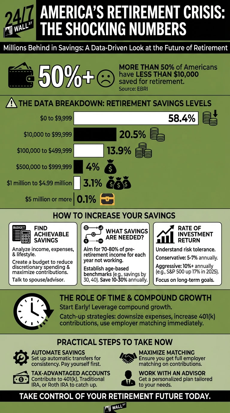 An infographic titled 'America's Retirement Crisis: The Shocking Numbers' by 24/7 Wall St. It shows that 58.4% of Americans have less than $10,000 saved for retirement, along with a breakdown of other savings levels. The graphic also provides advice on how to increase savings, including budgeting, understanding investment returns, leveraging compound growth, and practical steps like automating savings and maximizing employer matching.