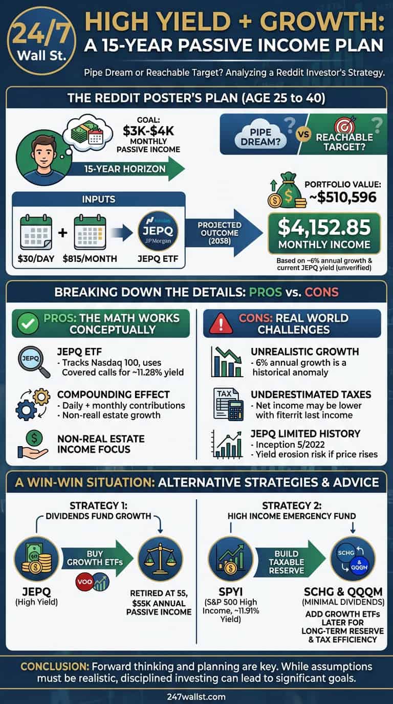 An infographic analyzing a Reddit user's 15-year passive income investment strategy involving JEPQ and other ETFs, detailing potential outcomes, pros, cons, and alternative approaches for achieving financial goals. It illustrates financial planning with specific ETF tickers like JEPQ, VOO, SPYI, SCHG, and QQQM.