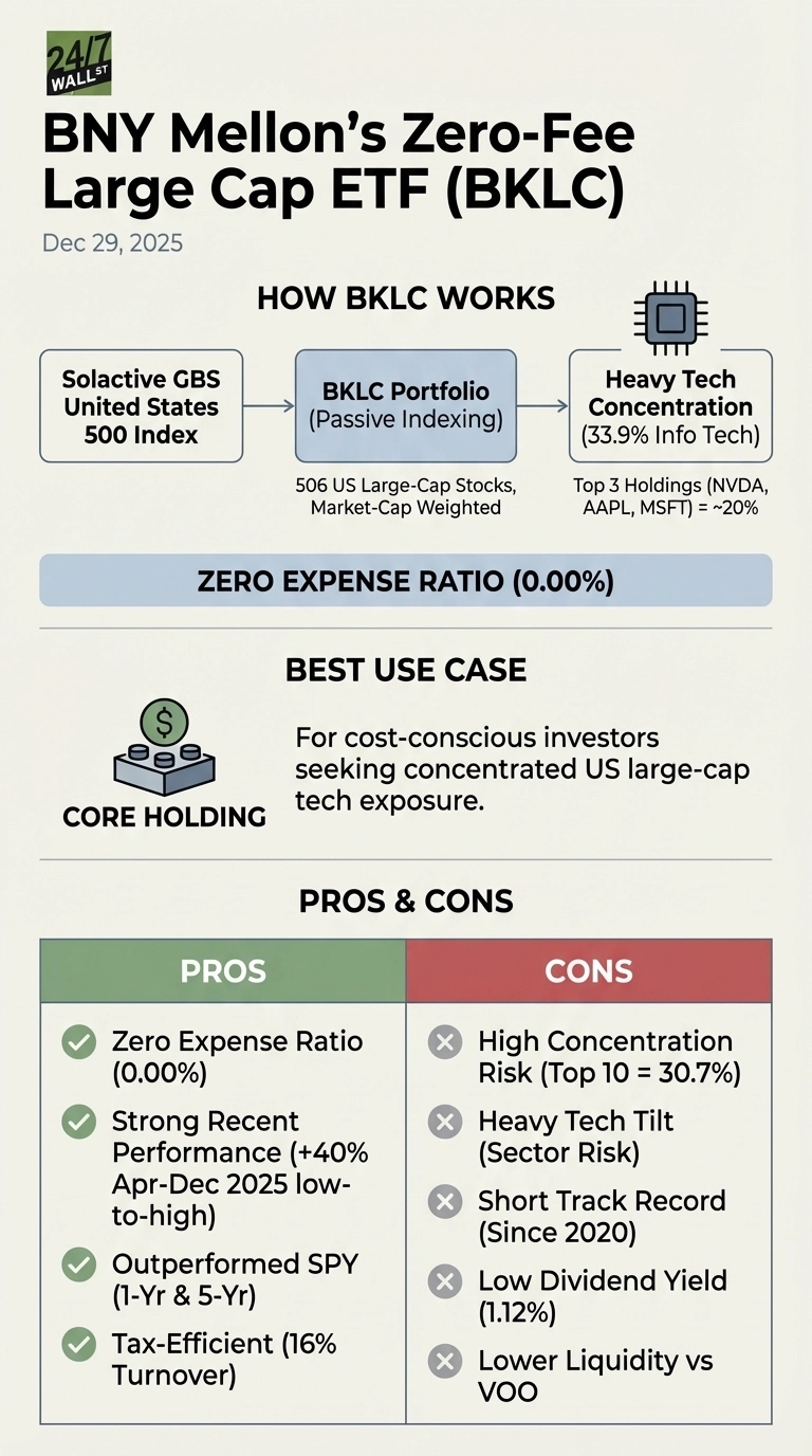 An infographic titled 'BNY Mellon's Zero-Fee Large Cap ETF (BKLC)' dated December 29, 2025. It is divided into sections: 'HOW BKLC WORKS' with a flow diagram showing the ETF tracks the Solactive GBS United States 500 Index, is passively indexed, holds 506 US large-cap stocks, is market-cap weighted, and has a heavy tech concentration of 33.9% Info Tech, with the top 3 holdings (NVDA, AAPL, MSFT) making up ~20%. A 'ZERO EXPENSE RATIO (0.00%)' banner is displayed. The 'BEST USE CASE' section, with an icon of a money block, identifies it as a core holding for cost-conscious investors seeking concentrated US large-cap tech exposure. The 'PROS &amp; CONS' table lists five pros, including zero expense ratio, strong recent performance (+40% Apr-Dec 2025), outperforming SPY (1-Yr &amp; 5-Yr), and tax efficiency (16% turnover). The five cons include high concentration risk (Top 10 = 30.7%), heavy tech tilt (sector risk), short track record (since 2020), low dividend yield (1.12%), and lower liquidity vs VOO.