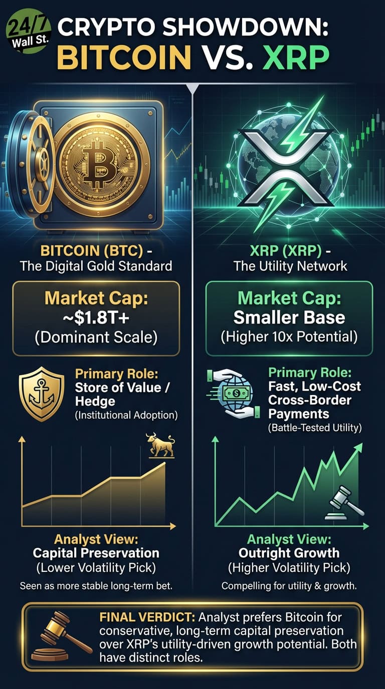 An infographic titled 'Crypto Showdown: Bitcoin vs. XRP' comparing Bitcoin (BTC) on the left, represented by a gold coin in a safe, with XRP (XRP) on the right, shown as its logo with a globe. The comparison details market cap, primary roles (store of value vs. utility network), and analyst views on capital preservation versus outright growth, concluding with a preference for Bitcoin for conservative long-term capital preservation.