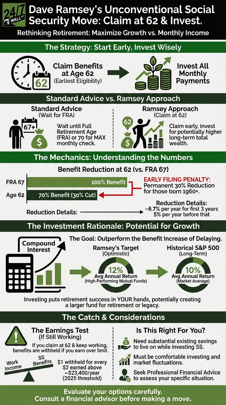 An infographic titled 'Dave Ramsey's Unconventional Social Security Move: Claim at 62 &amp; Invest.' It illustrates the strategy of claiming Social Security benefits at age 62 and investing them, showing the benefit reduction details, comparing potential investment returns (Ramsey's 12% vs. S&amp;P 500's 10%), and outlining key considerations like the earnings test and personal suitability.