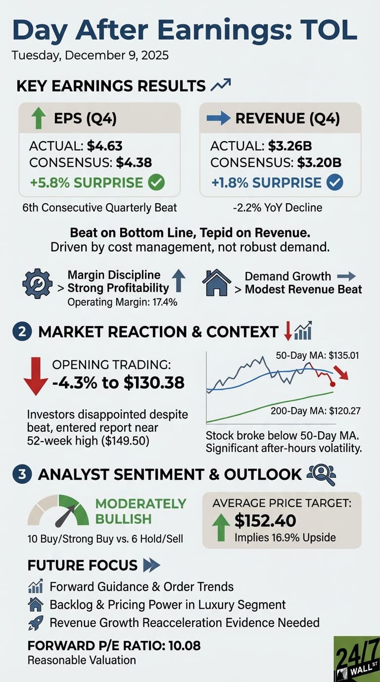 An infographic titled 'Day After Earnings: TOL' dated Tuesday, December 9, 2025. It is divided into three main sections. Section 1, 'Key Earnings Results,' presents Q4 EPS actual at $4.63 (consensus $4.38, a +5.8% surprise) and Q4 Revenue actual at $3.26 billion (consensus $3.20 billion, a +1.8% surprise, but a -2.2% YoY decline). It summarizes the performance as 'Beat on Bottom Line, Tepid on Revenue' driven by cost management, with an operating margin of 17.4%. Section 2, 'Market Reaction &amp; Context,' shows opening trading down -4.3% to $130.38, indicating investor disappointment despite the beat. A line chart illustrates the stock breaking below its 50-Day MA ($135.01), with the 200-Day MA at $120.27. Section 3, 'Analyst Sentiment &amp; Outlook,' displays a 'Moderately Bullish' sentiment gauge (10 Buy/Strong Buy vs. 6 Hold/Sell) and an average price target of $152.40, implying 16.9% upside. It also lists 'Future Focus' areas and a Forward P/E Ratio of 10.08, indicating 'Reasonable Valuation'.