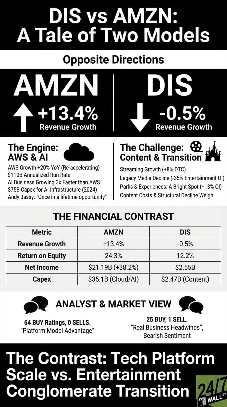 An infographic titled 'DIS vs AMZN: A Tale of Two Models' displays a financial comparison of Amazon and Disney. It shows Amazon with +13.4% revenue growth (up arrow) and Disney with -0.5% revenue growth (down arrow). Detailed sections describe Amazon's 'Engine: AWS &amp; AI' and Disney's 'Challenge: Content &amp; Transition'. A table, 'The Financial Contrast', provides metrics: Revenue Growth (+13.4% AMZN, -0.5% DIS), Return on Equity (24.3% AMZN, 12.2% DIS), Net Income ($21.19B AMZN, $2.55B DIS), and Capex ($35.1B AMZN, $2.47B DIS). An 'Analyst &amp; Market View' section shows 64 BUY ratings for AMZN versus 25 BUY, 1 SELL for DIS. The infographic concludes with 'The Contrast: Tech Platform Scale vs. Entertainment Conglomerate Transition'.