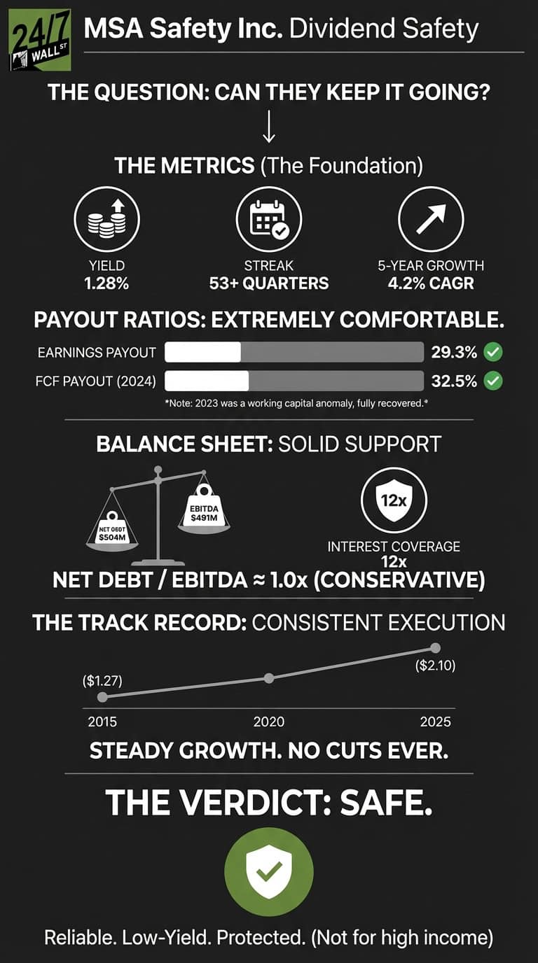 An infographic on a dark background titled 'MSA Safety Inc. Dividend Safety'. It poses the question: 'CAN THEY KEEP IT GOING?' and presents metrics including a 1.28% yield, 53+ quarter streak, and 4.2% 5-year growth. Payout ratios are 'EXTREMELY COMFORTABLE' with Earnings Payout at 29.3% and FCF Payout (2024) at 32.5%, both marked with green checkmarks. The balance sheet is described as 'SOLID SUPPORT', showing Net Debt ($504M) balanced against EBITDA ($491M), resulting in Net Debt / EBITDA ≈ 1.0x (CONSERVATIVE) and Interest Coverage of 12x. A line graph under 'THE TRACK RECORD: CONSISTENT EXECUTION' displays steady dividend growth from $1.27 in 2015 to $2.10 in 2025, stating 'STEADY GROWTH. NO CUTS EVER.' The final verdict is 'SAFE.', represented by a green shield icon with a white checkmark. A footer reads: 'Reliable. Low-Yield. Protected. (Not for high income)'.