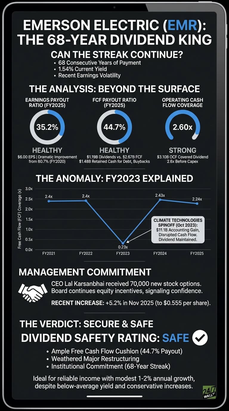 An infographic titled 'Emerson Electric (EMR): The 68-Year Dividend King - Can the Streak Continue?' on a dark background within a tablet frame. The analysis sections include: 'Can the Streak Continue?' with bullet points on 68 consecutive years of payment, 1.54% current yield, and recent earnings volatility. 'The Analysis: Beyond the Surface' displays three progress charts for FY2025 projections: Earnings Payout Ratio at 35.2% (Healthy), FCF Payout Ratio at 44.7% (Healthy), and Operating Cash Flow Coverage at 2.60x (Strong), each with descriptive text. 'The Anomaly: FY2023 Explained' features a line graph showing Free Cash Flow (FCF) Coverage (x) from FY2021 to FY2025. Coverage is 2.4x for FY2021 and FY2022, drops sharply to 0.23x in FY2023, then recovers to 2.43x in FY2024 and 2.24x in FY2025. A callout box explains the FY2023 dip was due to the Climate Technologies Spinoff in Oct 2023, noting an $11.1B accounting gain and disrupted cash flow, but dividend was maintained. The 'Management Commitment' section highlights CEO stock options and a +5.2% dividend increase in Nov 2025. The final section, 'The Verdict: Secure &amp; Safe Dividend Safety Rating: SAFE' with a checkmark, lists reasons such as ample FCF cushion, weathered major restructuring, and institutional commitment, concluding it's ideal for reliable income despite a below-average yield.