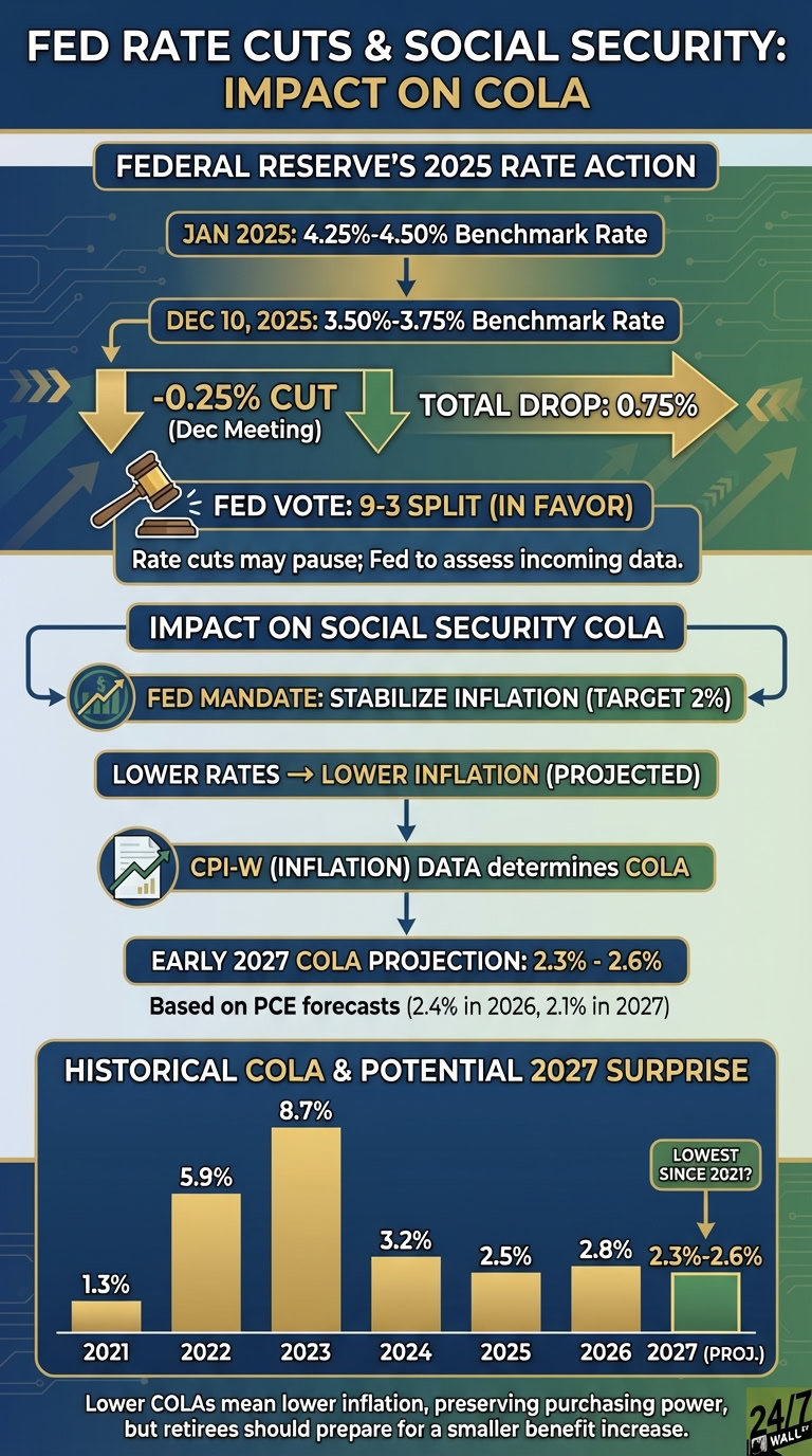 A detailed infographic titled 'FED RATE CUTS &amp; SOCIAL SECURITY: IMPACT ON COLA' presenting a flowchart of the Federal Reserve's 2025 rate actions, showing a total 0.75% drop to a 3.50%-3.75% benchmark rate, and its projected influence on Social Security COLA, with a bar chart illustrating historical and projected COLA percentages, indicating a 2.3%-2.6% projection for 2027.