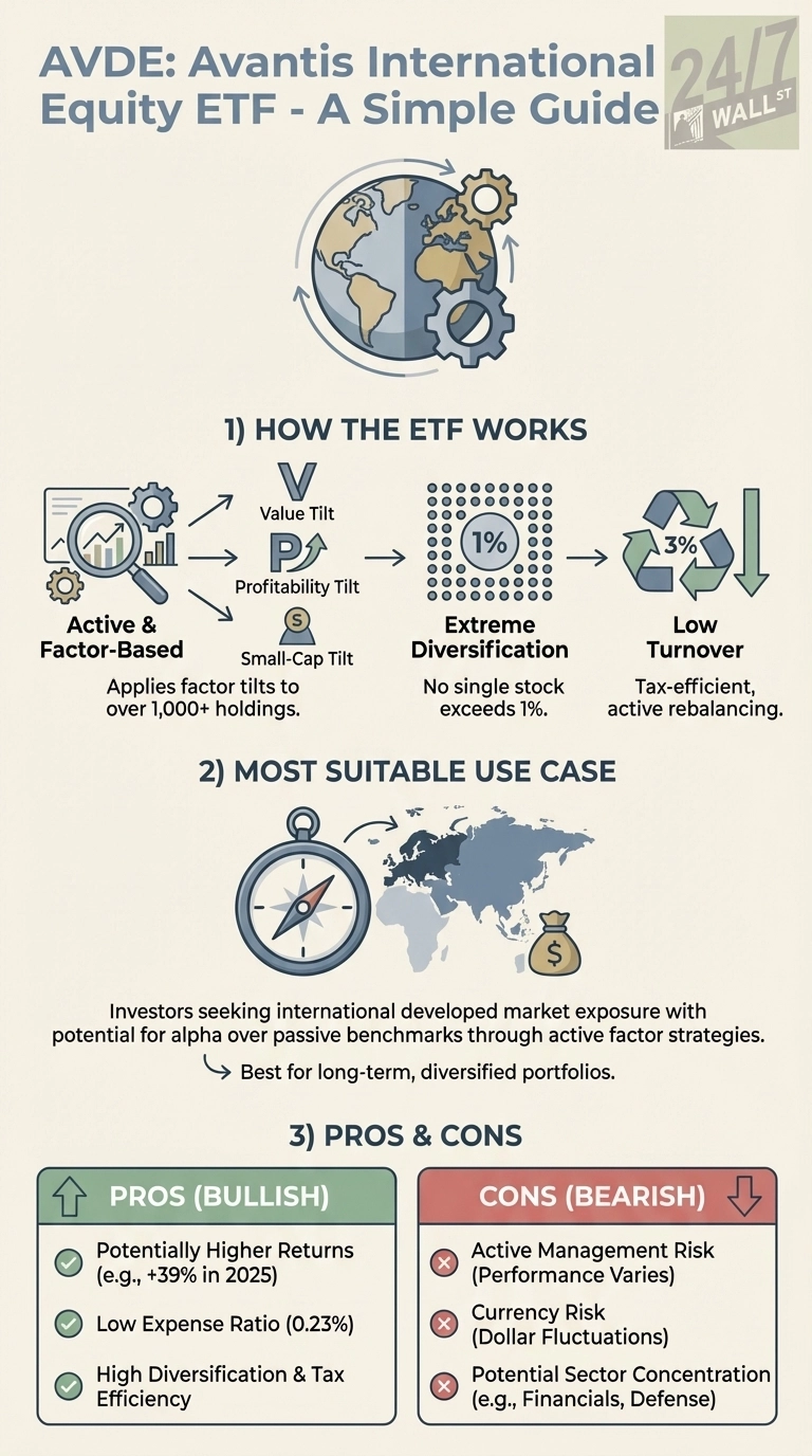 An infographic titled 'AVDE: Avantis International Equity ETF - A Simple Guide.' At the top, a globe with gears spinning around it. The infographic is divided into three sections. Section 1, 'HOW THE ETF WORKS,' shows a flowchart: a magnifying glass over a chart leads to three arrows for 'Value Tilt' (V icon), 'Profitability Tilt' (P icon), and 'Small-Cap Tilt' (S icon), all labeled 'Active &amp; Factor-Based' and 'Applies factor tilts to over 1,000+ holdings.' This leads to a grid of dots with '1%' in the center, labeled 'Extreme Diversification' and 'No single stock exceeds 1%.' This then leads to recycling arrows with '3%' in the center, labeled 'Low Turnover' and 'Tax-efficient, active rebalancing.' Section 2, 'MOST SUITABLE USE CASE,' features a compass pointing north, a map of Europe, and a money bag icon. Text below states, 'Investors seeking international developed market exposure with potential for alpha over passive benchmarks through active factor strategies. Best for long-term, diversified portfolios.' Section 3, 'PROS &amp; CONS,' has two boxes. The green 'PROS (BULLISH)' box with checkmarks lists: 'Potentially Higher Returns (e.g., +39% in 2025),' 'Low Expense Ratio (0.23%),' and 'High Diversification &amp; Tax Efficiency.' The red 'CONS (BEARISH)' box with 'X' marks lists: 'Active Management Risk (Performance Varies),' 'Currency Risk (Dollar Fluctuations),' and 'Potential Sector Concentration (e.g., Financials, Defense).'