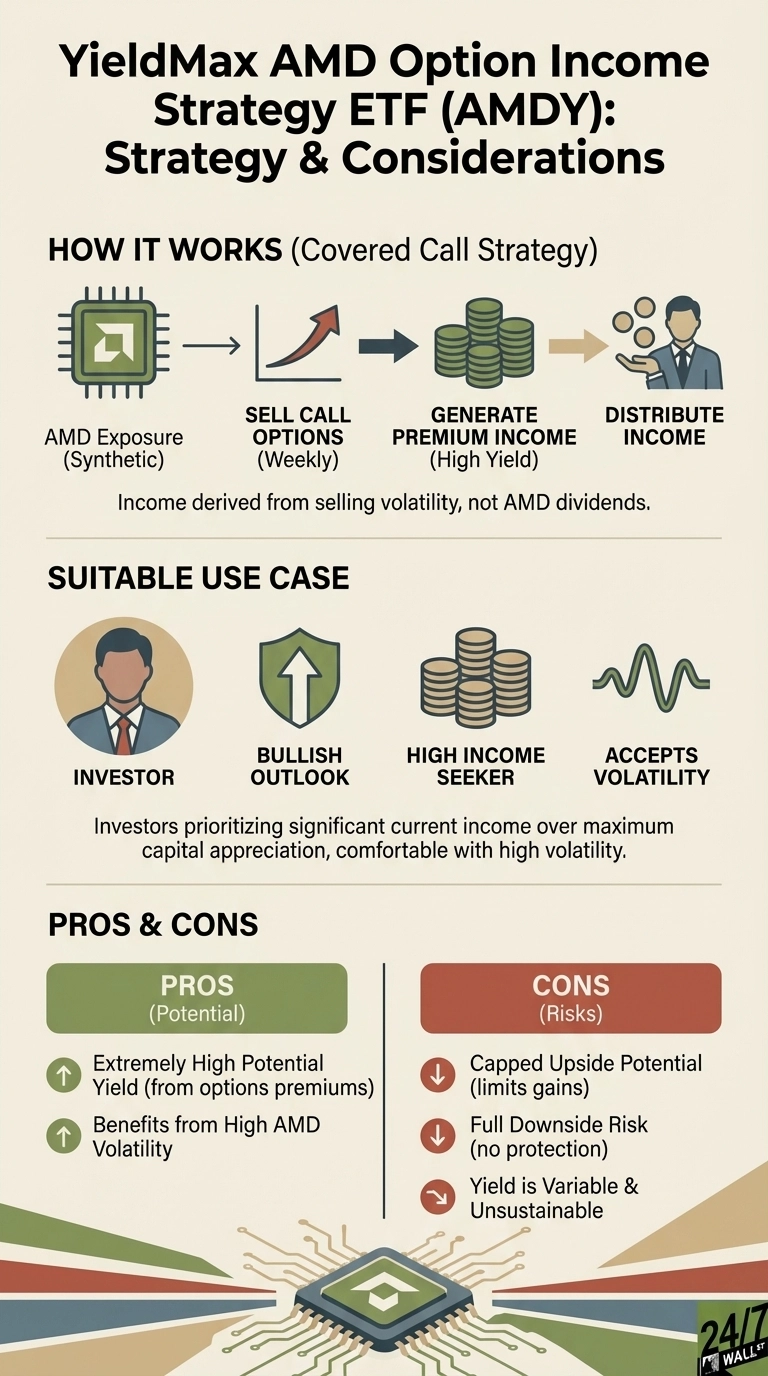 An infographic titled 'YieldMax AMD Option Income Strategy ETF (AMDY): Strategy &amp; Considerations'. It is divided into three main sections. The 'HOW IT WORKS (Covered Call Strategy)' section uses an arrow diagram to show: AMD Exposure (Synthetic) -> Sell Call Options (Weekly) -> Generate Premium Income (High Yield) -> Distribute Income. Below this, a note states: 'Income derived from selling volatility, not AMD dividends.' The 'SUITABLE USE CASE' section shows icons and text for Investor, Bullish Outlook, High Income Seeker, and Accepts Volatility, with a description: 'Investors prioritizing significant current income over maximum capital appreciation, comfortable with high volatility.' The 'PROS &amp; CONS' section is a two-column list. Pros (Potential) are: Extremely High Potential Yield (from options premiums) and Benefits from High AMD Volatility. Cons (Risks) are: Capped Upside Potential (limits gains), Full Downside Risk (no protection), and Yield is Variable &amp; Unsustainable. The background features a stylized circuit board design.