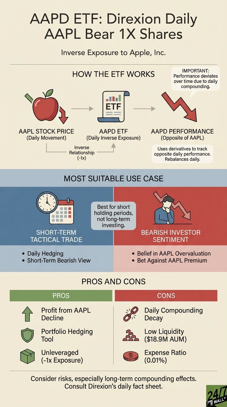 An infographic titled 'AAPD ETF: Direxion Daily AAPL Bear 1X Shares' with the subtitle 'Inverse Exposure to Apple, Inc.'. The infographic is divided into three main sections: 'HOW THE ETF WORKS', 'MOST SUITABLE USE CASE', and 'PROS AND CONS'. The 'HOW THE ETF WORKS' section shows an apple representing 'AAPL Stock Price' with a downward arrow, leading to an 'ETF' document icon representing 'AAPD ETF (Daily Inverse Exposure)', which then leads to a large red downward arrow representing 'AAPD PERFORMANCE (Opposite of AAPL)'. Text notes an 'Inverse Relationship (-1x)'. An important note states 'Performance deviates over time due to daily compounding'. The 'MOST SUITABLE USE CASE' section is split into 'SHORT-TERM TACTICAL TRADE' (blue background with a clock and calendar icon, listing 'Daily Hedging' and 'Short-Term Bearish View') and 'BEARISH INVESTOR SENTIMENT' (red background with a person looking at a downward arrow, listing 'Belief in AAPL Overvaluation' and 'Bet Against AAPL Premium'). A callout box suggests 'Best for short holding periods, not long-term investing'. The 'PROS AND CONS' section is split into 'PROS' (green background) and 'CONS' (red background). Pros include 'Profit from AAPL Decline', 'Portfolio Hedging Tool', and 'Unleveraged (-1x Exposure)' with corresponding icons. Cons include 'Daily Compounding Decay', 'Low Liquidity ($18.9M AUM)', and 'Expense Ratio (0.01%)' with corresponding icons. A footer advises 'Consider risks, especially long-term compounding effects. Consult Direxion's daily fact sheet.' The overall color scheme is light brown, blue, red, and green.
