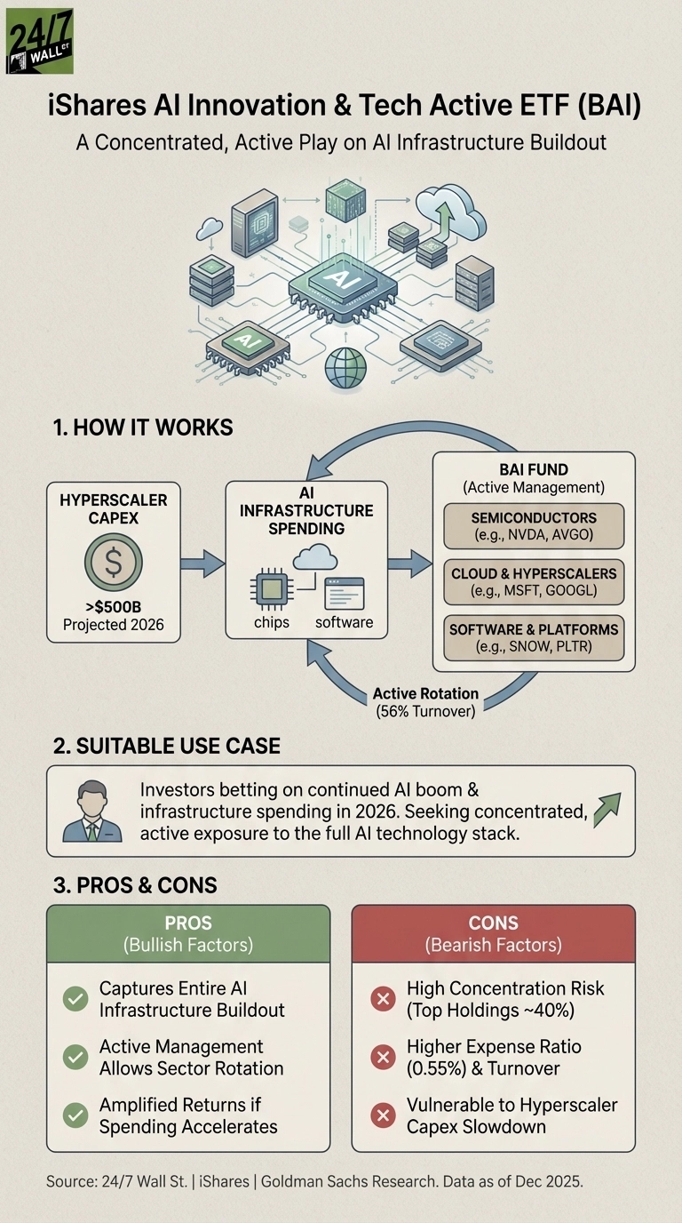 An infographic titled 'iShares AI Innovation &amp; Tech Active ETF (BAI): A Concentrated, Active Play on AI Infrastructure Buildout'. The top section features an illustration of an AI chip with connected components representing data centers and cloud services. Below, section one, 'HOW IT WORKS', shows a flow diagram: Hyperscaler CAPEX (projected >$500B by 2026) drives AI Infrastructure Spending (chips, software), which feeds into the BAI Fund (Semiconductors like NVDA, AVGO; Cloud &amp; Hyperscalers like MSFT, GOOGL; Software &amp; Platforms like SNOW, PLTR). An arrow indicates 'Active Rotation (56% Turnover)' from the BAI Fund back to AI Infrastructure Spending. Section two, 'SUITABLE USE CASE', describes investors betting on continued AI boom and infrastructure spending in 2026, seeking concentrated, active AI tech stack exposure. Section three, 'PROS &amp; CONS', lists three bullish factors (captures entire AI infrastructure, active management allows sector rotation, amplified returns if spending accelerates) and three bearish factors (high concentration risk ~40%, higher expense ratio 0.55% &amp; turnover, vulnerable to hyperscaler capex slowdown). Source data is as of Dec 2025.