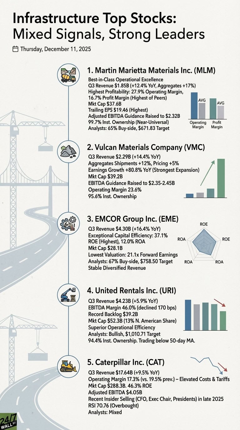 An infographic titled 'Infrastructure Top Stocks: Mixed Signals, Strong Leaders' dated Thursday, December 11, 2025. It features a winding road with construction elements like cranes and a bridge, leading to icons representing five ranked companies. Each company entry includes financial data and a small accompanying chart or visual. The companies are: 1. Martin Marietta Materials Inc. (MLM), showing Q3 Revenue, Highest Profitability (Operating Margin, Profit Margin), Mkt Cap, Trailing EPS, Adjusted EBITDA Guidance, and Analyst targets, with a bar chart comparing its margins to average. 2. Vulcan Materials Company (VMC), with Q3 Revenue, Aggregates Shipments, Earnings Growth, Mkt Cap, EBITDA Guidance, Operating Margin, and Inst. Ownership, accompanied by a bar chart showing an increasing trend. 3. EMCOR Group Inc. (EME), detailing Q3 Revenue, Capital Efficiency, ROE (Highest), ROA, Mkt Cap, Valuation, and Analyst targets, presented with a radar chart for ROE and ROA. 4. United Rentals Inc. (URI), listing Q3 Revenue, EBITDA Margin (declined), Record Backlog, Mkt Cap, Operational Efficiency, and Analyst targets, shown with a bar chart indicating a declining trend. 5. Caterpillar Inc. (CAT), featuring Q3 Revenue, Operating Margin (vs. previous), Mkt Cap, ROE, Adjusted EBITDA, recent Insider Selling, and RSI, with a line chart displaying a declining trend.