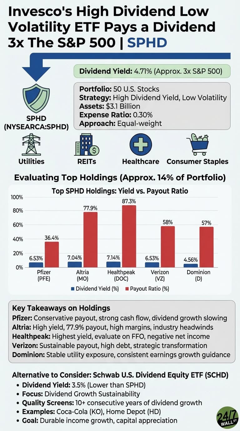 An infographic titled 'Invesco's High Dividend Low Volatility ETF Pays a Dividend 3x The S&amp;P 500 | SPHD'. It features a shield logo and the SPHD ticker NYSEARCA:SPHD. A light green box highlights SPHD's Dividend Yield of 4.71% (Approx. 3x S&amp;P 500). A grey box details SPHD's portfolio: 50 U.S. Stocks, Strategy: High Dividend Yield, Low Volatility, Assets: $3.1 Billion, Expense Ratio: 0.30%, Approach: Equal-weight. Icons represent Utilities, REITs, Healthcare, and Consumer Staples. A bar chart titled 'Top SPHD Holdings: Yield vs. Payout Ratio' shows dividend yield (blue bars) and payout ratio (red bars) for five companies: Pfizer (PFE) at 6.53% yield/36.4% payout, Altria (MO) at 7.04% yield/77.9% payout, Healthpeak (DOC) at 7.14% yield/87.3% payout, Verizon (VZ) at 6.53% yield/58% payout, and Dominion (D) at 4.56% yield/57% payout. Below the chart, 'Key Takeaways on Holdings' provides brief descriptions for each of these companies. The bottom section, 'Alternative to Consider', details the Schwab U.S. Dividend Equity ETF (SCHD) with a 3.5% dividend yield, focus on dividend growth sustainability, quality screens (10+ consecutive years of dividend growth), examples (KO, HD), and a goal of durable income growth and capital appreciation. A '24/7 WALL ST' logo is in the bottom right.