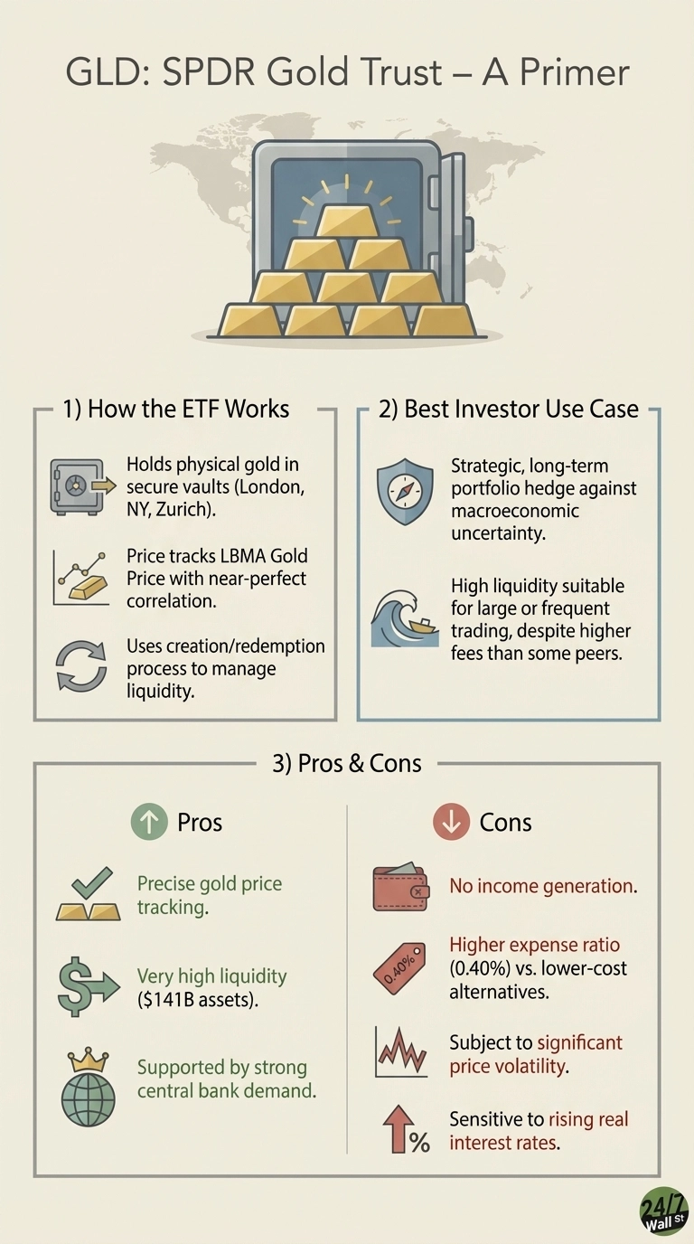 An infographic titled 'GLD: SPDR Gold Trust – A Primer' with a central image of gold bars in a safe over a world map. The infographic is divided into three sections. Section 1, 'How the ETF Works,' states: 'Holds physical gold in secure vaults (London, NY, Zurich),' 'Price tracks LBMA Gold Price with near-perfect correlation,' and 'Uses creation/redemption process to manage liquidity.' Section 2, 'Best Investor Use Case,' lists: 'Strategic, long-term portfolio hedge against macroeconomic uncertainty,' and 'High liquidity suitable for large or frequent trading, despite higher fees than some peers.' Section 3, 'Pros &amp; Cons,' is split. Pros include: 'Precise gold price tracking,' 'Very high liquidity ($141B assets),' and 'Supported by strong central bank demand.' Cons include: 'No income generation,' 'Higher expense ratio (0.40%) vs. lower-cost alternatives,' 'Subject to significant price volatility,' and 'Sensitive to rising real interest rates.'