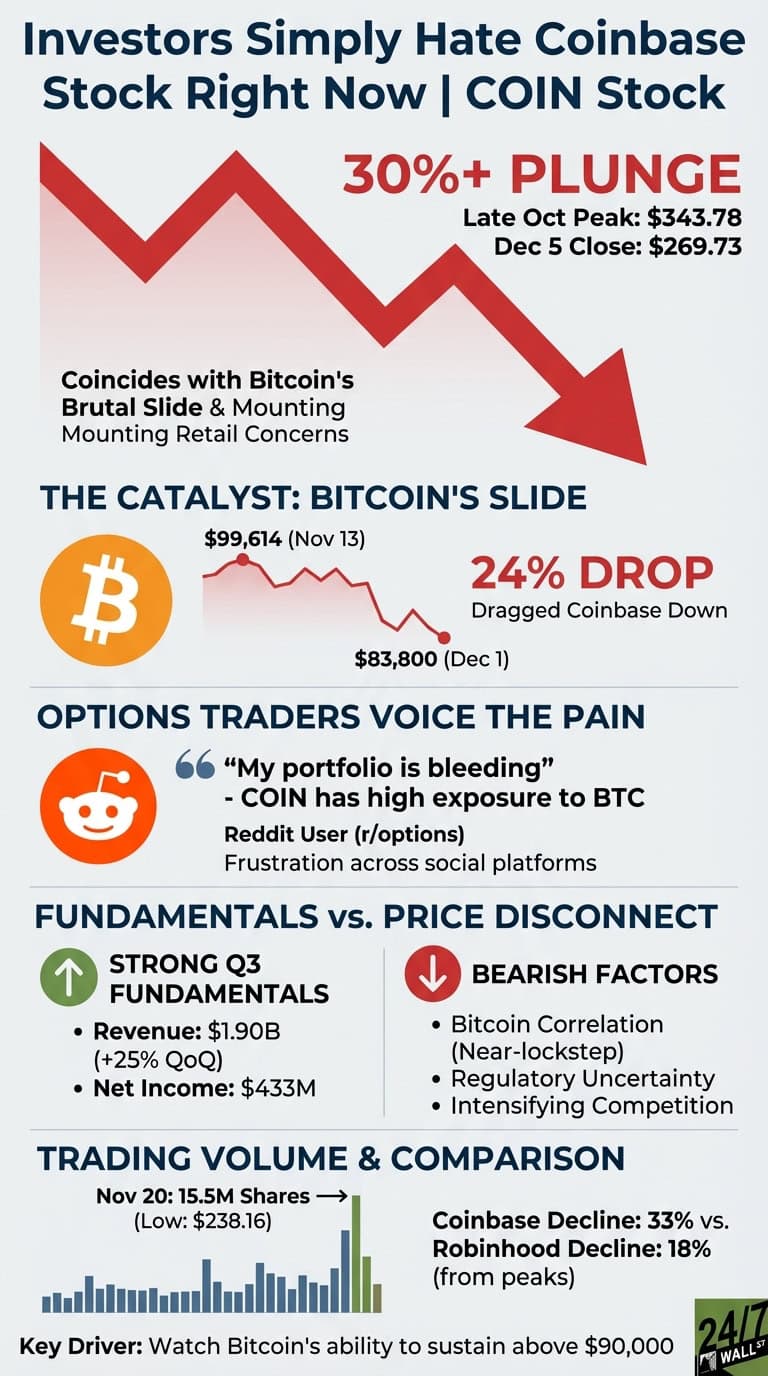 An infographic titled 'Investors Simply Hate Coinbase Stock Right Now | COIN Stock'. A large red downward arrow illustrates a '30%+ PLUNGE' in Coinbase stock, from a late Oct peak of $343.78 to a Dec 5 close of $269.73. Below, 'THE CATALYST: BITCOIN'S SLIDE' section shows a line chart of Bitcoin's price dropping 24% from $99,614 (Nov 13) to $83,800 (Dec 1). The 'OPTIONS TRADERS VOICE THE PAIN' section includes a Reddit logo and a quote about a bleeding portfolio due to COIN's BTC exposure. 'FUNDAMENTALS vs. PRICE DISCONNECT' lists 'STRONG Q3 FUNDAMENTALS' (Revenue: $1.90B, Net Income: $433M) and 'BEARISH FACTORS' (Bitcoin Correlation, Regulatory Uncertainty, Intensifying Competition). A bar chart in 'TRADING VOLUME &amp; COMPARISON' shows volume with a peak of 15.5M shares on Nov 20, and a comparison of Coinbase Decline: 33% vs. Robinhood Decline: 18% (from peaks). The Key Driver advises to watch Bitcoin's ability to sustain above $90,000.