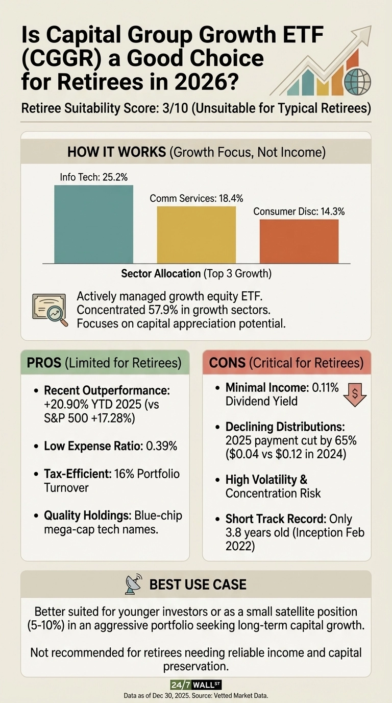 An infographic titled 'Is Capital Group Growth ETF (CGGR) a Good Choice for Retirees in 2026?' It displays a 'Retiree Suitability Score: 3/10 (Unsuitable for Typical Retirees)'. The layout is structured with sections: 'HOW IT WORKS (Growth Focus, Not Income)' shows a bar chart with top 3 sector allocations: Info Tech 25.2%, Comm Services 18.4%, and Consumer Disc 14.3%. Text describes CGGR as an actively managed growth equity ETF focused on capital appreciation. Two boxes, 'PROS (Limited for Retirees)' in green and 'CONS (Critical for Retirees)' in red, list key points. Pros include recent outperformance (+20.90% YTD 2025), low expense ratio (0.39%), tax-efficiency, and quality holdings. Cons highlight minimal income (0.11% dividend yield), declining distributions (2025 payment cut by 65%), high volatility, and a short track record (3.8 years). The 'BEST USE CASE' section suggests it's better for younger investors or aggressive portfolios, not for retirees needing reliable income. The bottom notes data as of Dec 30, 2025.