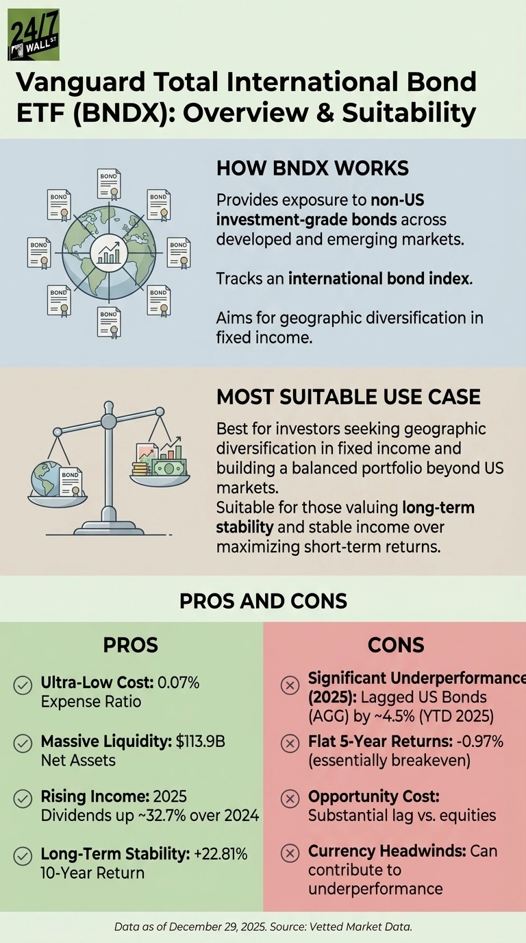 An infographic titled 'Vanguard Total International Bond ETF (BNDX): Overview &amp; Suitability' on a light green background. The top section, 'HOW BNDX WORKS,' includes an illustration of a globe surrounded by eight bond certificates, and lists three points: provides exposure to non-US investment-grade bonds, tracks an international bond index, and aims for geographic diversification. The middle section, 'MOST SUITABLE USE CASE,' shows a balanced scale with a globe and bond certificate on one side, and stacks of money and growth arrows on the other. Text describes it as best for investors seeking geographic diversification and long-term stability. The bottom section, 'PROS AND CONS,' is split into green for Pros and red for Cons. Pros with green checkmarks include: Ultra-Low Cost (0.07% Expense Ratio), Massive Liquidity ($113.9B Net Assets), Rising Income (2025 Dividends up ~32.7% over 2024), and Long-Term Stability (+22.81% 10-Year Return). Cons with red 'X' marks include: Significant Underperformance (2025) (Lagged US Bonds (AGG) by ~4.5% (YTD 2025)), Flat 5-Year Returns (-0.97% (essentially breakeven)), Opportunity Cost (Substantial lag vs. equities), and Currency Headwinds (Can contribute to underperformance). The bottom footer states 'Data as of December 29, 2025. Source: Vetted Market Data.'