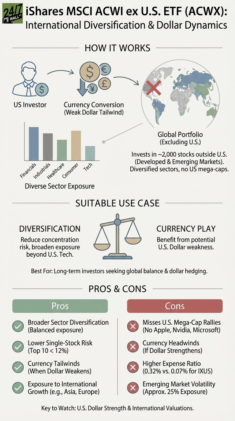 An infographic titled 'iShares MSCI ACWI ex U.S. ETF (ACWX): International Diversification &amp; Dollar Dynamics'. The infographic is divided into three main sections: 'How It Works', 'Suitable Use Case', and 'Pros &amp; Cons'. The 'How It Works' section shows an icon of a US investor sending money for currency conversion (represented by dollar, euro, yen, pound symbols with a downward arrow indicating a weak dollar tailwind) to a global portfolio excluding the U.S. (world map with a red 'X' over the US). Text states it 'Invests in ~2,000 stocks outside U.S. (Developed &amp; Emerging Markets). Diversified sectors, no US mega-caps.' Below this is a bar chart showing 'Diverse Sector Exposure' with bars labeled Financials, Industrials, Healthcare, Consumer, and Tech. The 'Suitable Use Case' section highlights 'Diversification' (reduce concentration risk, broaden exposure beyond U.S. Tech) and 'Currency Play' (benefit from potential U.S. Dollar weakness), with a balanced scale icon in the center. Text below reads 'Best For: Long-term investors seeking global balance &amp; dollar hedging.' The 'Pros &amp; Cons' section is presented in two columns. The 'Pros' column, with green checkmarks, lists: 'Broader Sector Diversification (Balanced exposure)', 'Lower Single-Stock Risk (Top 10 < 12%)', 'Currency Tailwinds (When Dollar Weakens)', and 'Exposure to International Growth (e.g., Asia, Europe)'. The 'Cons' column, with red 'X' marks, lists: 'Misses U.S. Mega-Cap Rallies (No Apple, Nvidia, Microsoft)', 'Currency Headwinds (If Dollar Strengthens)', 'Higher Expense Ratio (0.32% vs. 0.07% for IXUS)', and 'Emerging Market Volatility (Approx. 25% Exposure)'. At the bottom, 'Key to Watch:' states 'U.S. Dollar Strength &amp; International Valuations'.