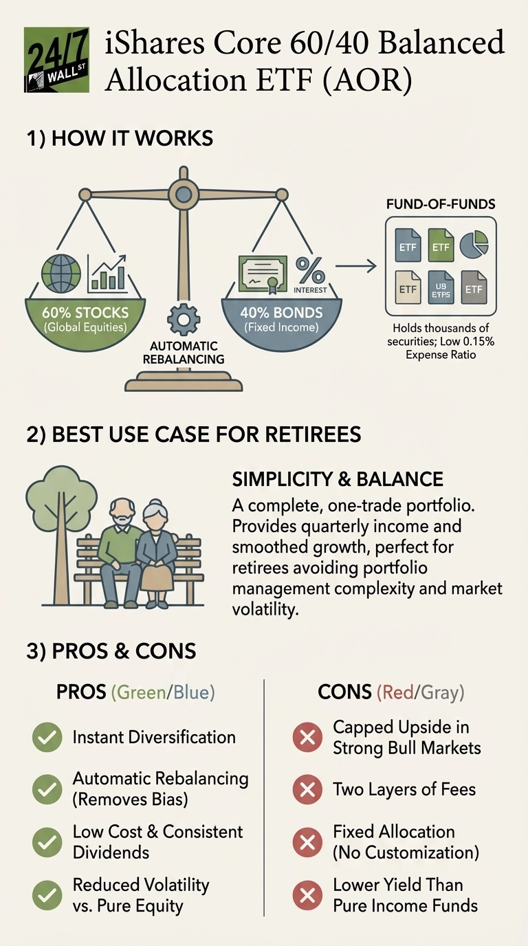An infographic titled 'iShares Core 60/40 Balanced Allocation ETF (AOR)' presented in three sections. Section 1, 'How It Works,' shows a balance scale with '60% STOCKS (Global Equities)' on the left and '40% BONDS (Fixed Income)' on the right, connected by 'AUTOMATIC REBALANCING.' An arrow points from the bonds to a 'FUND-OF-FUNDS' diagram with multiple ETF icons, noting 'Holds thousands of securities; Low 0.15% Expense Ratio.' Section 2, 'Best Use Case For Retirees,' features an illustration of an elderly couple on a bench and describes the ETF as providing 'SIMPLICITY &amp; BALANCE' for a complete, one-trade portfolio with quarterly income and smoothed growth, suitable for avoiding complexity and volatility. Section 3, 'Pros &amp; Cons,' lists four pros with green checkmarks: Instant Diversification, Automatic Rebalancing (Removes Bias), Low Cost &amp; Consistent Dividends, and Reduced Volatility vs. Pure Equity. It also lists four cons with red 'X' marks: Capped Upside in Strong Bull Markets, Two Layers of Fees, Fixed Allocation (No Customization), and Lower Yield Than Pure Income Funds.
