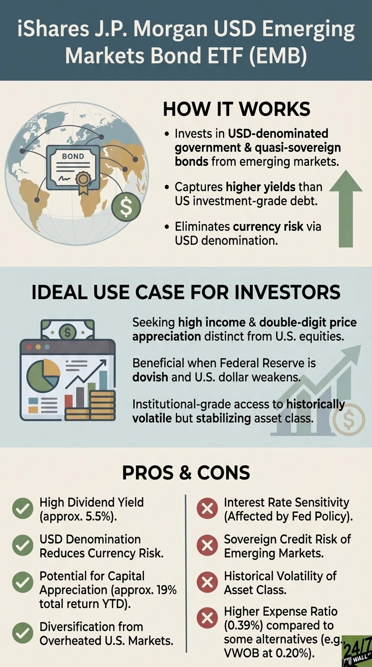 An infographic about the iShares J.P. Morgan USD Emerging Markets Bond ETF (EMB). It's divided into sections: 'How It Works' describes investing in USD-denominated emerging market bonds for higher yields and no currency risk, accompanied by a globe graphic with a bond certificate. 'Ideal Use Case For Investors' lists scenarios like seeking high income and benefiting from a dovish Fed, with a graphic of a computer displaying charts. The 'Pros &amp; Cons' section lists four pros with green checkmarks (high dividend yield ~5.5%, USD denomination reduces currency risk, potential for capital appreciation ~19% total return YTD, diversification from U.S. markets) and four cons with red 'X' marks (interest rate sensitivity, sovereign credit risk, historical volatility, higher expense ratio 0.39% vs. VWOB 0.20%).