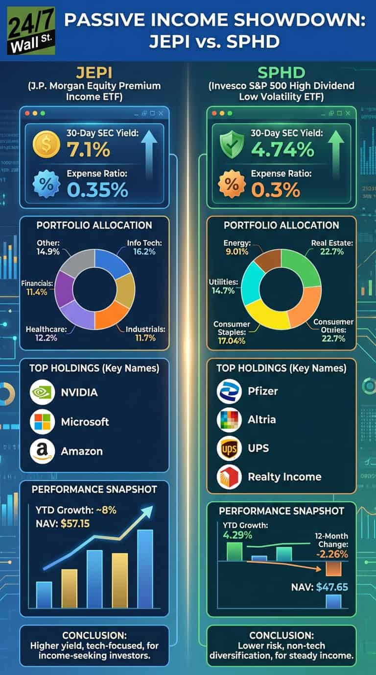 An infographic titled 'Passive Income Showdown: JEPI vs. SPHD' compares two dividend ETFs. It displays JEPI's higher yield (7.1%) and tech focus with top holdings like NVIDIA and Microsoft, against SPHD's lower yield (4.74%) and diversified, non-tech focus with top holdings including Pfizer and UPS, along with their expense ratios, portfolio allocations, and performance metrics.