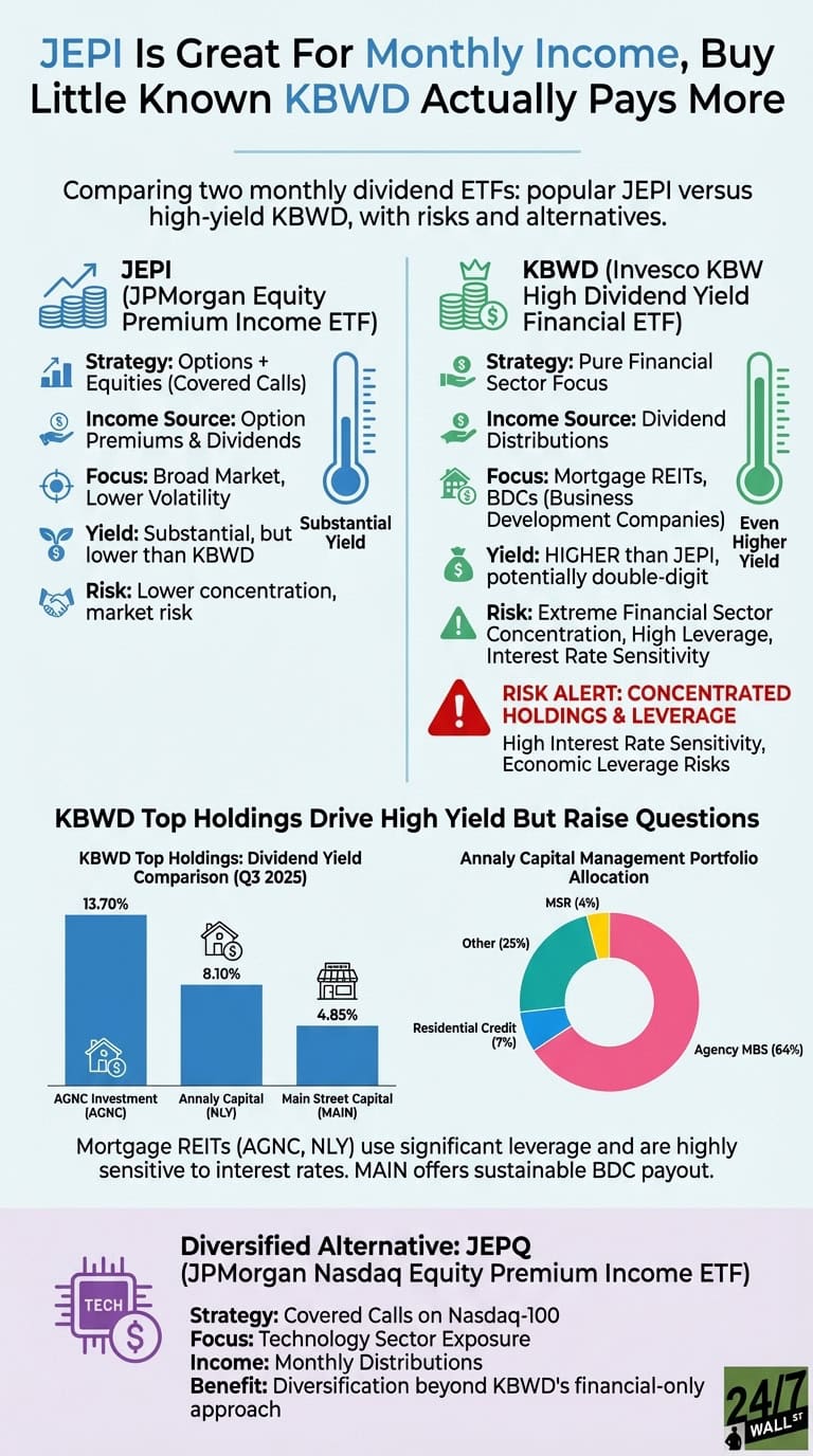 Infographic titled 'JEPI Is Great For Monthly Income, Buy Little Known KBWD Actually Pays More', comparing two monthly dividend ETFs: JEPI and KBWD. The top section compares JEPI (JPMorgan Equity Premium Income ETF) on the left with KBWD (Invesco KBW High Dividend Yield Financial ETF) on the right. For JEPI, details include Strategy (Options + Equities, Covered Calls), Income Source (Option Premiums &amp; Dividends), Focus (Broad Market, Lower Volatility), a substantial yield indicated by a blue thermometer, and Risk (Lower concentration, market risk). For KBWD, details include Strategy (Pure Financial Sector Focus), Income Source (Dividend Distributions), Focus (Mortgage REITs, BDCs), an even higher yield indicated by a green thermometer, and Risk (Extreme Financial Sector Concentration, High Leverage, Interest Rate Sensitivity), with a red alert for 'Concentrated Holdings &amp; Leverage' and associated risks. The middle section, 'KBWD Top Holdings Drive High Yield But Raise Questions', shows a bar chart of KBWD's top holdings dividend yield comparison (Q3 2025): AGNC Investment (AGNC) at 13.70%, Annaly Capital (NLY) at 8.10%, and Main Street Capital (MAIN) at 4.85%. It also shows a pie chart of Annaly Capital Management Portfolio Allocation: Agency MBS 64% (pink), Other 25% (teal), Residential Credit 7% (dark blue), and MSR 4% (yellow). Text notes that Mortgage REITs (AGNC, NLY) use significant leverage and are highly sensitive to interest rates, while MAIN offers sustainable BDC payout. The bottom section presents a 'Diversified Alternative: JEPQ (JPMorgan Nasdaq Equity Premium Income ETF)', detailing its Strategy (Covered Calls on Nasdaq-100), Focus (Technology Sector Exposure), Income (Monthly Distributions), and Benefit (Diversification beyond KBWD's financial-only approach).
