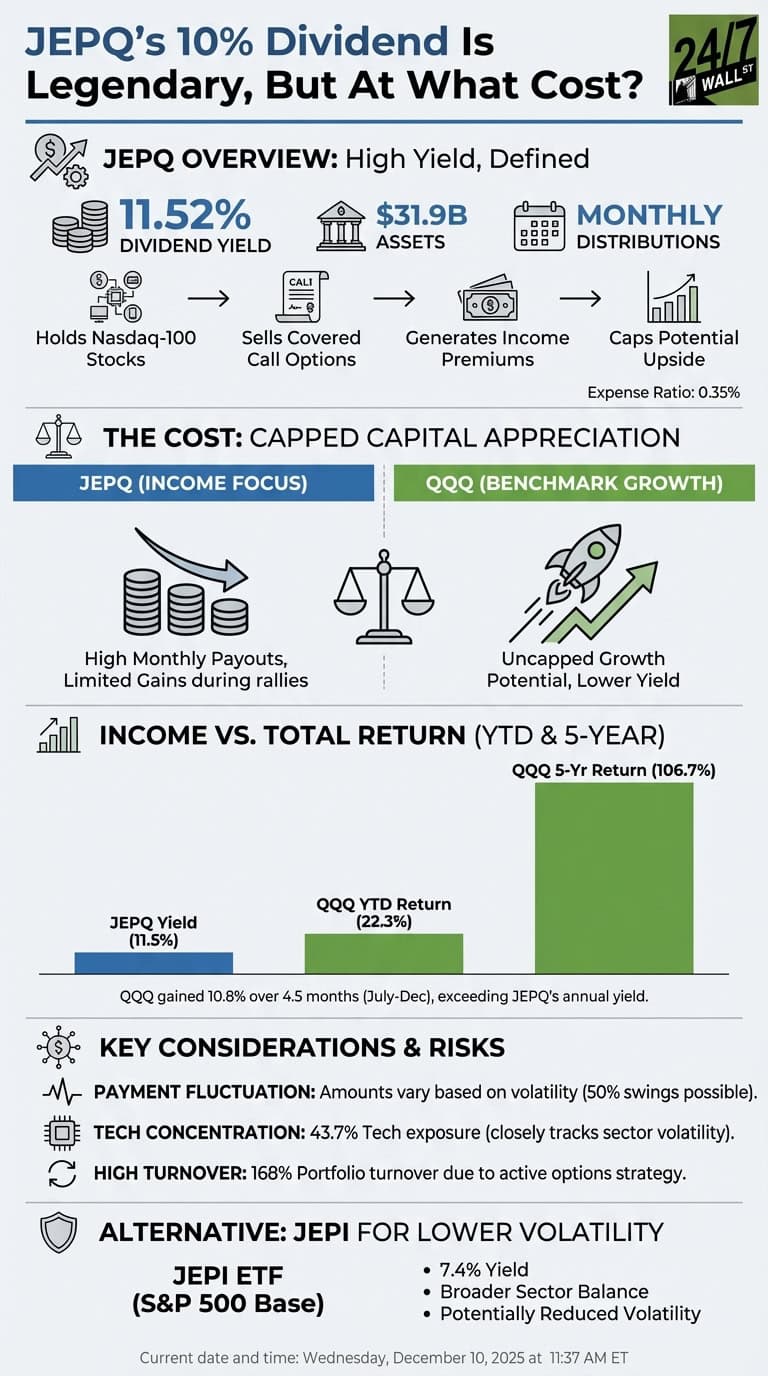 An infographic titled 'JEPQ's 10% Dividend Is Legendary, But At What Cost?'. The top section, 'JEPQ Overview: High Yield, Defined', displays key metrics: 11.52% Dividend Yield, $31.9B Assets, and Monthly Distributions. It illustrates JEPQ's strategy as 'Holds Nasdaq-100 Stocks' -> 'Sells Covered Call Options' -> 'Generates Income Premiums' -> 'Caps Potential Upside', with an Expense Ratio of 0.35%. The middle section, 'The Cost: Capped Capital Appreciation', visually compares JEPQ (Income Focus) with stacked coins decreasing and text 'High Monthly Payouts, Limited Gains during rallies', against QQQ (Benchmark Growth) with a rocket and upward arrow, and text 'Uncapped Growth Potential, Lower Yield'. A balance scale icon separates the two. Below this, 'Income vs. Total Return (YTD &amp; 5-Year)' presents a bar chart: a blue bar for JEPQ Yield (11.5%), and two green bars for QQQ YTD Return (22.3%) and QQQ 5-Yr Return (106.7%). Text notes 'QQQ gained 10.8% over 4.5 months (July-Dec), exceeding JEPQ's annual yield.' The 'Key Considerations &amp; Risks' section lists 'Payment Fluctuation' (50% swings possible), 'Tech Concentration' (43.7% Tech exposure), and 'High Turnover' (168% portfolio turnover). The final section, 'Alternative: JEPI For Lower Volatility', highlights JEPI ETF (S&amp;P 500 Base) with '7.4% Yield', 'Broader Sector Balance', and 'Potentially Reduced Volatility'. The infographic footer shows the current date and time: Wednesday, December 10, 2025 at 11:37 AM ET.