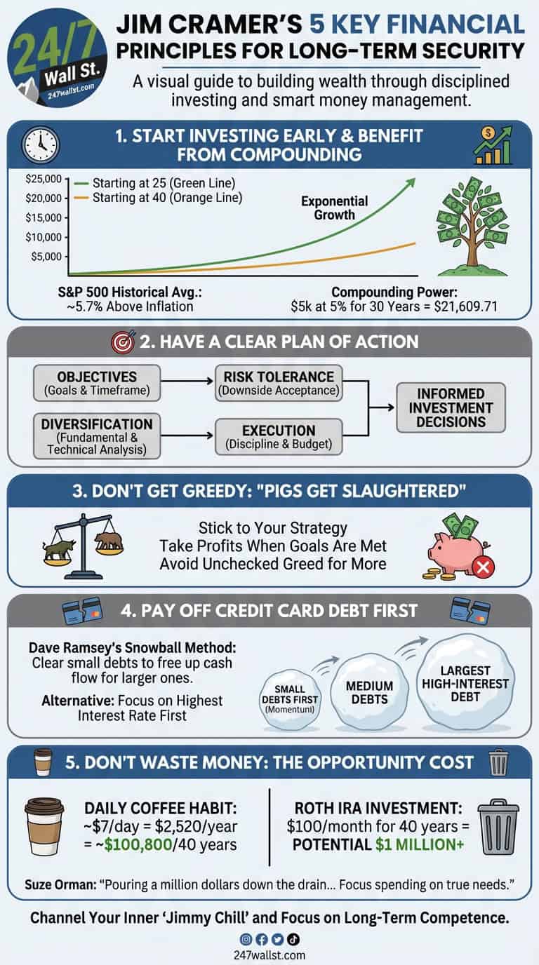 An infographic summarizing Jim Cramer's five key financial principles for long-term security, including concepts like early investing, compounding, financial planning, avoiding greed, debt management, and understanding opportunity cost.
