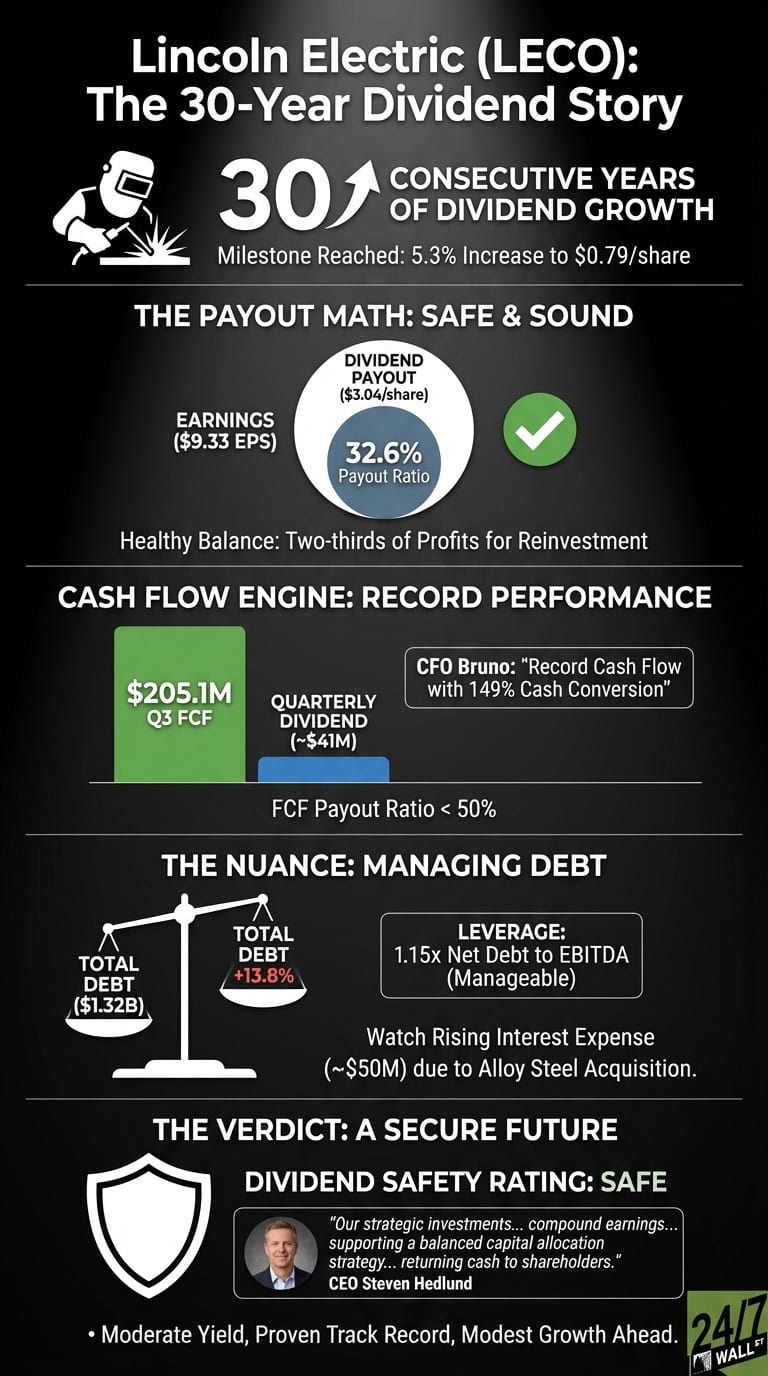 An infographic titled 'Lincoln Electric (LECO): The 30-Year Dividend Story' on a dark gray background. The top section highlights '30 Consecutive Years of Dividend Growth,' with a welder icon, noting a 5.3% increase to $0.79/share. The 'Payout Math: Safe &amp; Sound' section features a circular chart showing a '32.6% Payout Ratio' based on '$9.33 EPS' and a 'Dividend Payout ($3.04/share)', accompanied by a green checkmark. The 'Cash Flow Engine: Record Performance' section displays a green bar for '$205.1M Q3 FCF' and a blue bar for 'Quarterly Dividend (~$41M)', indicating an FCF Payout Ratio < 50%, alongside a quote from CFO Bruno about record cash flow. The 'The Nuance: Managing Debt' section illustrates a balance scale with 'Total Debt ($1.32B)' on one side and 'Total Debt +13.8%' on the other, specifying '1.15x Net Debt to EBITDA (Manageable)' leverage and mentions rising interest expense. The final section, 'The Verdict: A Secure Future,' shows a shield icon with a 'Dividend Safety Rating: SAFE' and a quote from CEO Steven Hedlund. The infographic concludes with text summarizing 'Moderate Yield, Proven Track Record, Modest Growth Ahead.' The 24/7 Wall St logo is visible in the bottom right corner.