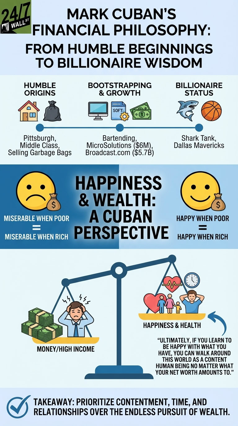 An infographic detailing Mark Cuban's journey from humble origins to billionaire status, illustrating his financial philosophy. It contrasts a stressed person with money against a happy person with family and health, advocating for prioritizing contentment, time, and relationships over the pursuit of wealth.