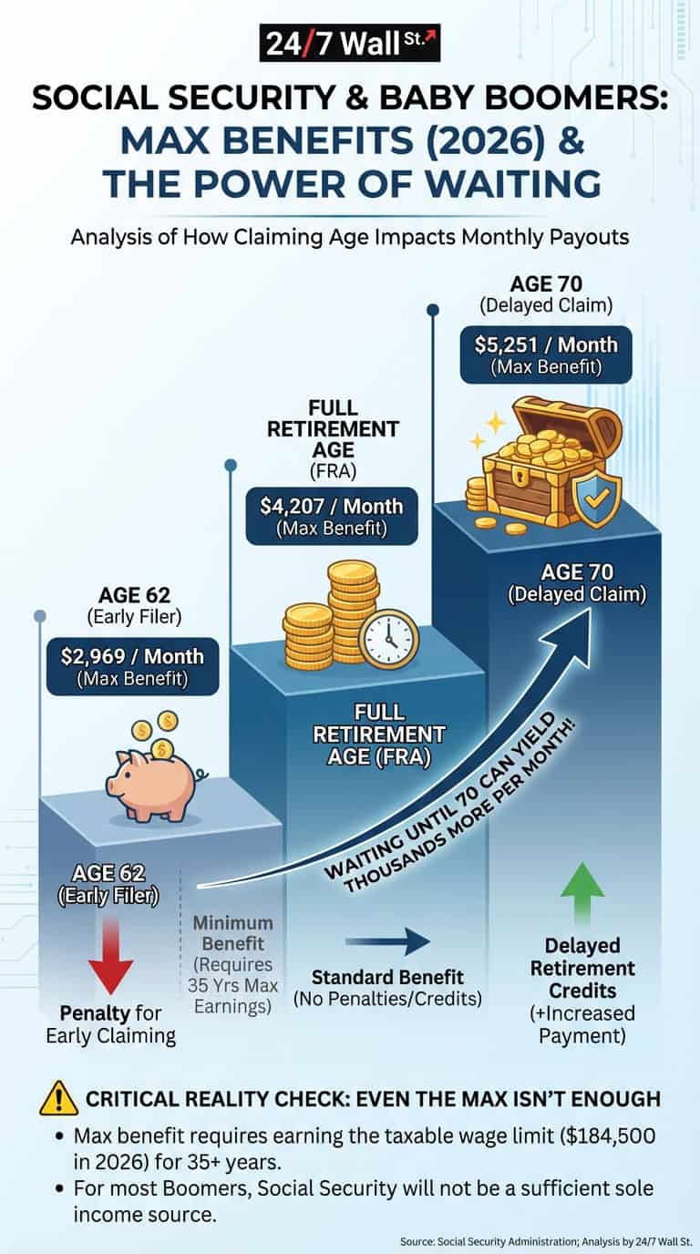 A bar chart infographic titled 'Social Security &amp; Baby Boomers: Max Benefits (2026) &amp; The Power of Waiting' from 24/7 Wall St. It shows maximum monthly benefits increase with claiming age: $2,969 at 62 (early filer), $4,207 at Full Retirement Age (FRA), and $5,251 at 70 (delayed claim). The chart emphasizes that waiting until age 70 can yield thousands more per month, but also cautions that even these maximum benefits require high earnings for 35+ years and may not be enough as a sole income source for most.