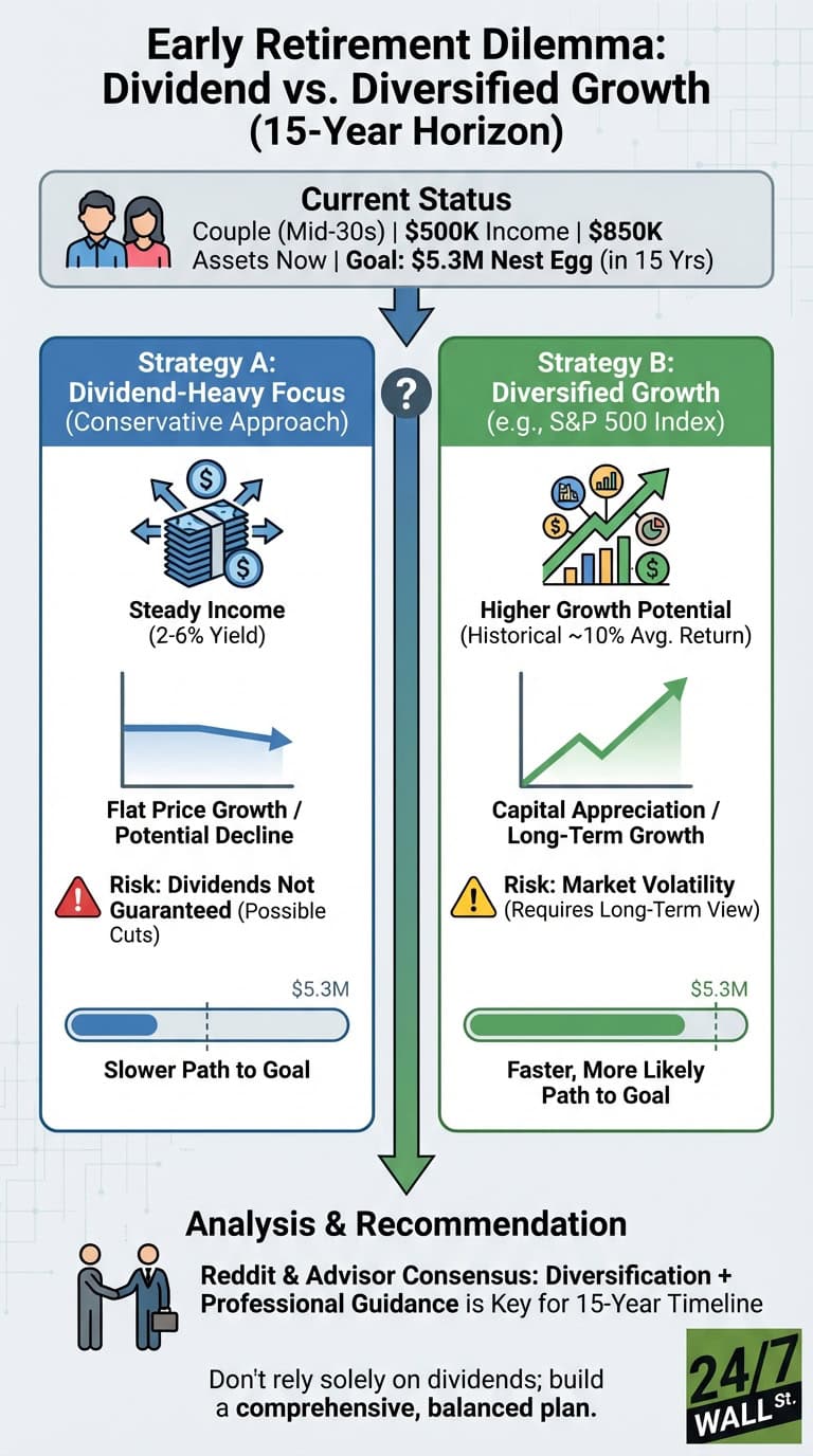 An infographic titled 'Early Retirement Dilemma' displays two investment strategies: 'Dividend-Heavy Focus' (Strategy A) and 'Diversified Growth' (Strategy B, e.g., S&amp;P 500 Index), outlining their features, risks, and potential paths to a $5.3 million goal. It concludes with a recommendation for diversification and professional guidance.