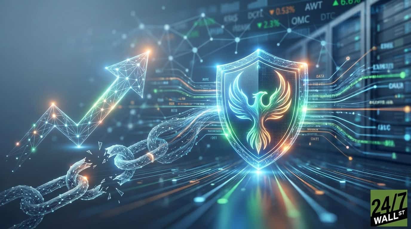 A vibrant, glowing digital illustration features a large upward-pointing arrow breaking free from a shattered chain on the left, symbolizing growth and overcoming obstacles. To the right, a prominent shield with a glowing phoenix emblem represents security and resilience. Connecting these elements are luminous data streams, flowing towards blurred server racks and financial data displays in the background. The overall color scheme is bright blues, greens, and oranges against a dark background, evoking a futuristic and technological theme.