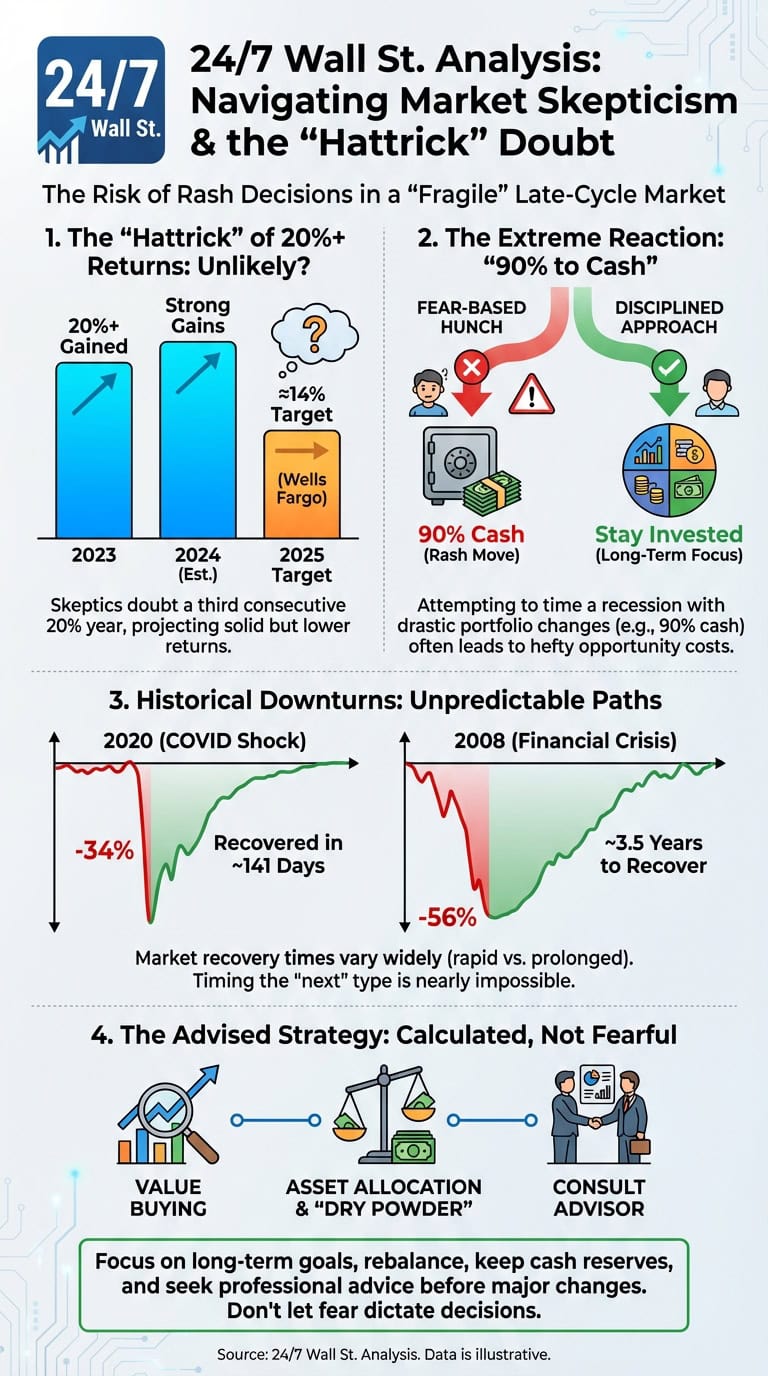 An infographic titled '24/7 Wall St. Analysis: Navigating Market Skepticism &amp; the 'Hattrick' Doubt.' It features charts on predicted S&amp;P 500 returns, contrasts fear-based investing (90% cash) with disciplined long-term investing, illustrates recovery times for the 2008 and 2020 market downturns, and recommends a strategy of value buying, asset allocation with 'dry powder,' and consulting an advisor.