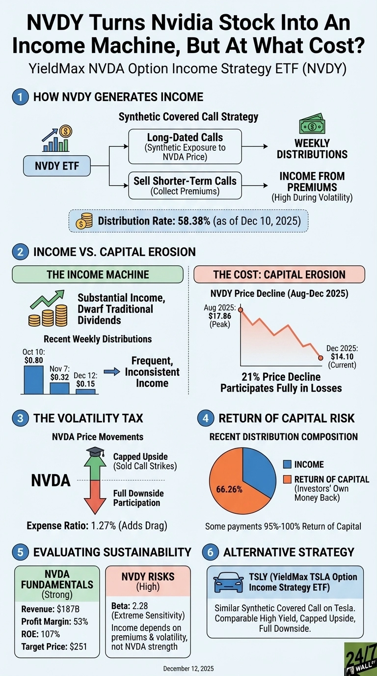 An infographic titled 'NVDY Turns Nvidia Stock Into An Income Machine, But At What Cost?' divided into six sections. Section 1, 'How NVDY Generates Income,' shows a synthetic covered call strategy using long-dated and shorter-term calls, resulting in weekly distributions and a 58.38% distribution rate as of Dec 10, 2025. Section 2, 'Income vs. Capital Erosion,' details substantial, inconsistent income with examples ($0.80, $0.32, $0.15) and a line graph showing NVDY's 21% price decline from $17.86 (Aug 2025 peak) to $14.10 (Dec 2025 current), noting full participation in losses. Section 3, 'The Volatility Tax,' illustrates NVDA price movements with capped upside and full downside participation, plus a 1.27% expense ratio. Section 4, 'Return of Capital Risk,' shows a pie chart where 66.26% of recent distributions were Return of Capital. Section 5, 'Evaluating Sustainability,' lists strong NVDA fundamentals (Revenue $187B, Profit Margin 53%, ROE 107%, Target Price $251) and high NVDY risks (Beta 2.28, income depends on premiums and volatility). Section 6, 'Alternative Strategy,' mentions TSLY (YieldMax TSLA Option Income Strategy ETF) as a similar strategy. The infographic is dated December 12, 2025.