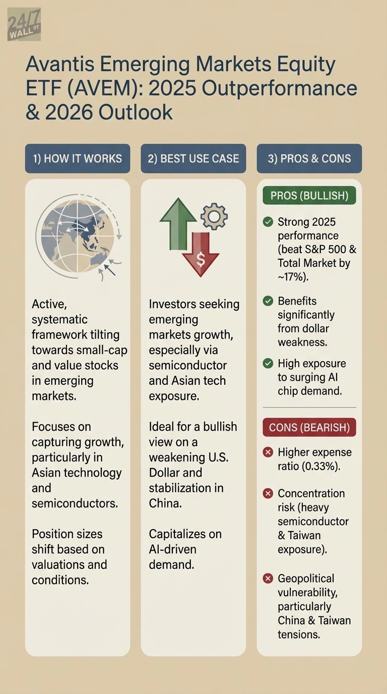 An infographic titled 'Avantis Emerging Markets Equity ETF (AVEM): 2025 Outperformance &amp; 2026 Outlook'. It is structured into three vertical columns with dark blue headers: '1) HOW IT WORKS', '2) BEST USE CASE', and '3) PROS &amp; CONS'.

Under 'HOW IT WORKS', there's an icon of a globe with arrows around it. The text describes an active, systematic framework tilting towards small-cap and value stocks in emerging markets, focusing on Asian technology and semiconductors, with position sizes shifting based on valuations.

Under 'BEST USE CASE', an icon shows a green arrow pointing up, a red arrow pointing down with a dollar sign, and a gear. The text states it's for investors seeking emerging markets growth, especially via semiconductor and Asian tech exposure, ideal for a bullish view on a weakening U.S. Dollar and stabilization in China, and capitalizes on AI-driven demand.

Under 'PROS &amp; CONS', the column is split. The top section, 'PROS (BULLISH)' in a green box, lists items with green checkmarks: strong 2025 performance (beat S&amp;P 500 &amp; Total Market by ~17%), benefits significantly from dollar weakness, and high exposure to surging AI chip demand.

The bottom section, 'CONS (BEARISH)' in a red box, lists items with red 'X' marks: higher expense ratio (0.33%), concentration risk (heavy semiconductor &amp; Taiwan exposure), and geopolitical vulnerability, particularly China &amp; Taiwan tensions.