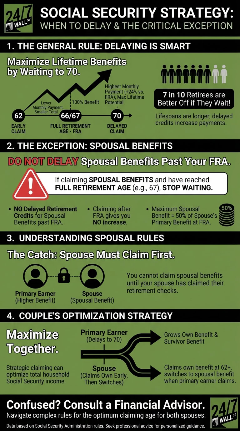 An infographic from 24/7 Wall St outlining Social Security claiming strategies. It illustrates the benefits of delaying individual retirement claims until age 70, provides specific rules for spousal benefits, and suggests an optimization strategy for married couples.