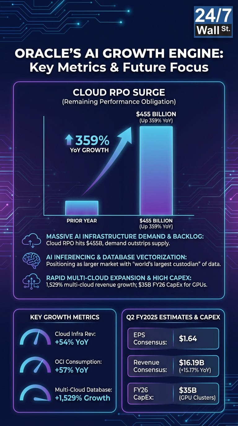 An infographic titled 'Oracle's AI Growth Engine: Key Metrics &amp; Future Focus' by 24/7 Wall St. It features a bar chart indicating a 359% YoY growth in Cloud RPO to $455 billion. The graphic also details strategic areas like AI infrastructure demand, AI inferencing, and multi-cloud expansion, alongside key growth metrics and Q2 FY2025 financial estimates.